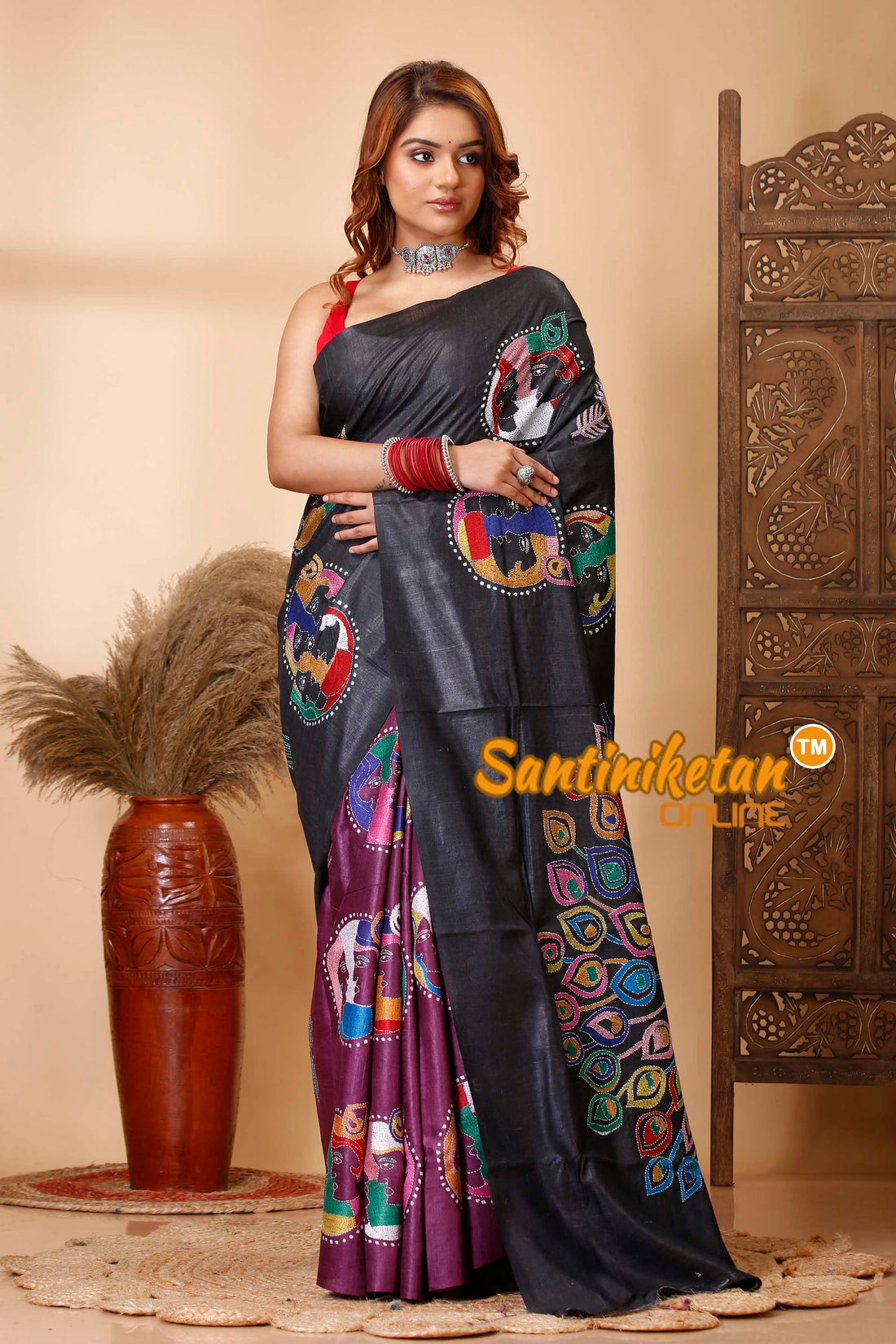 Pure Dye Ketiya Tussar Silk Kantha Stitch Saree SN202521314