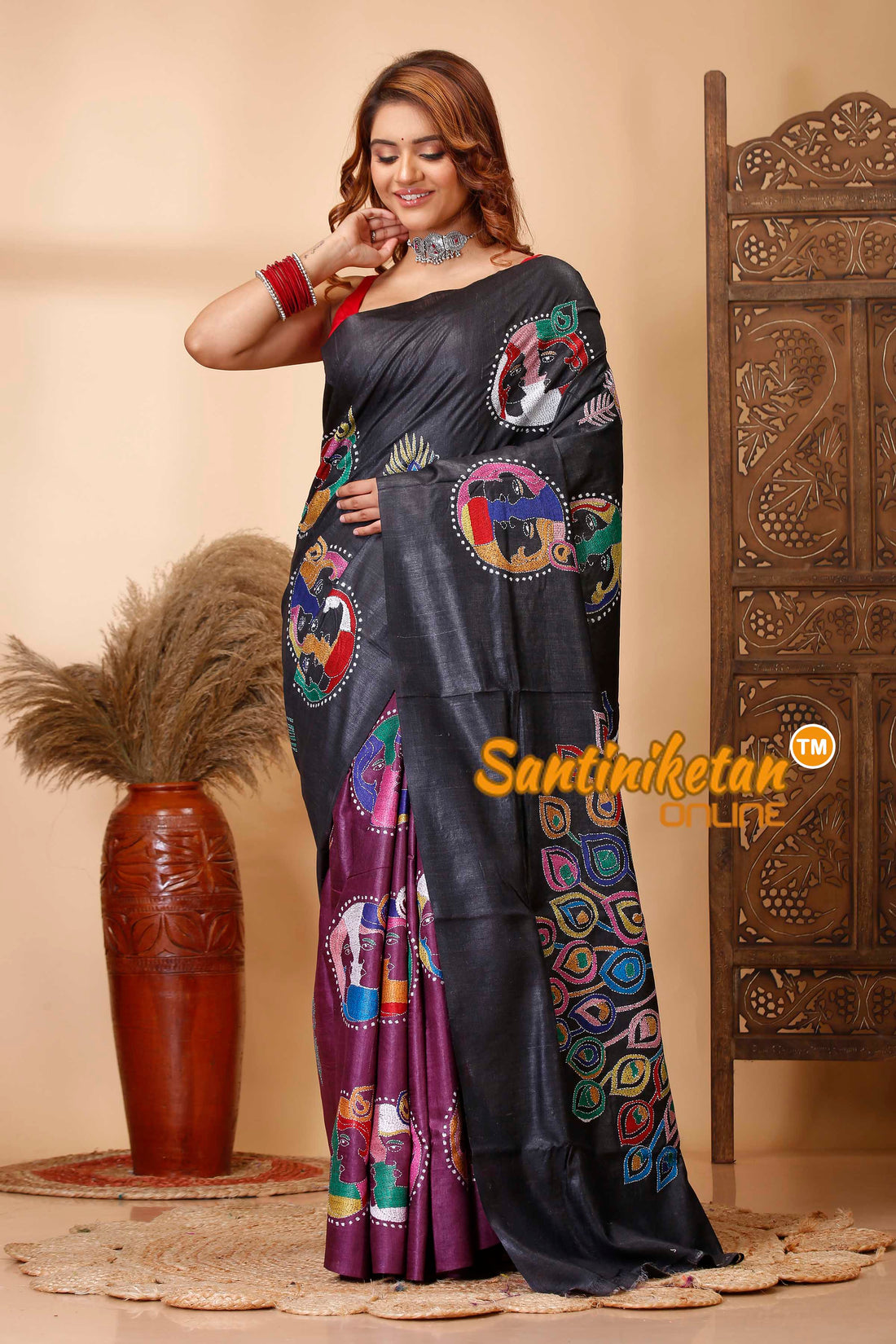 Pure Dye Ketiya Tussar Silk Kantha Stitch Saree SN202521314