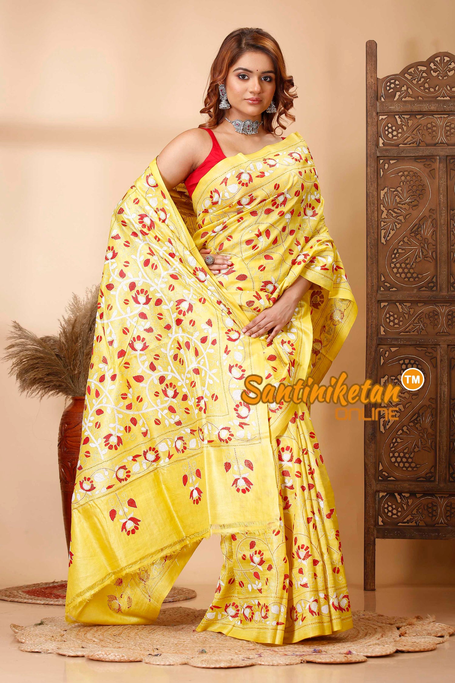 Pure Dye Tussar Silk Kantha Stitch Saree SN202521326