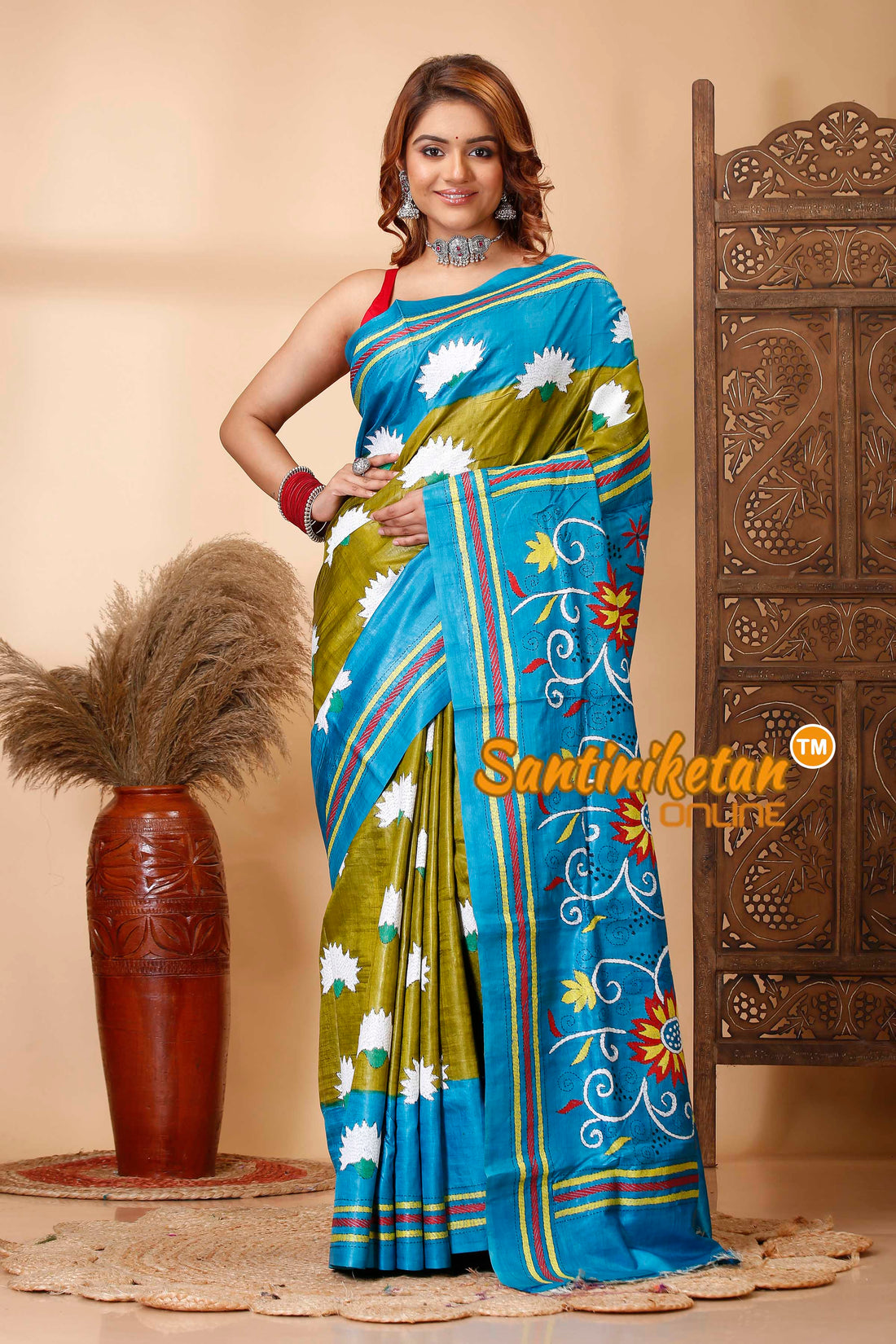 Pure Dye Tussar Silk Kantha Stitch Saree SN202521332