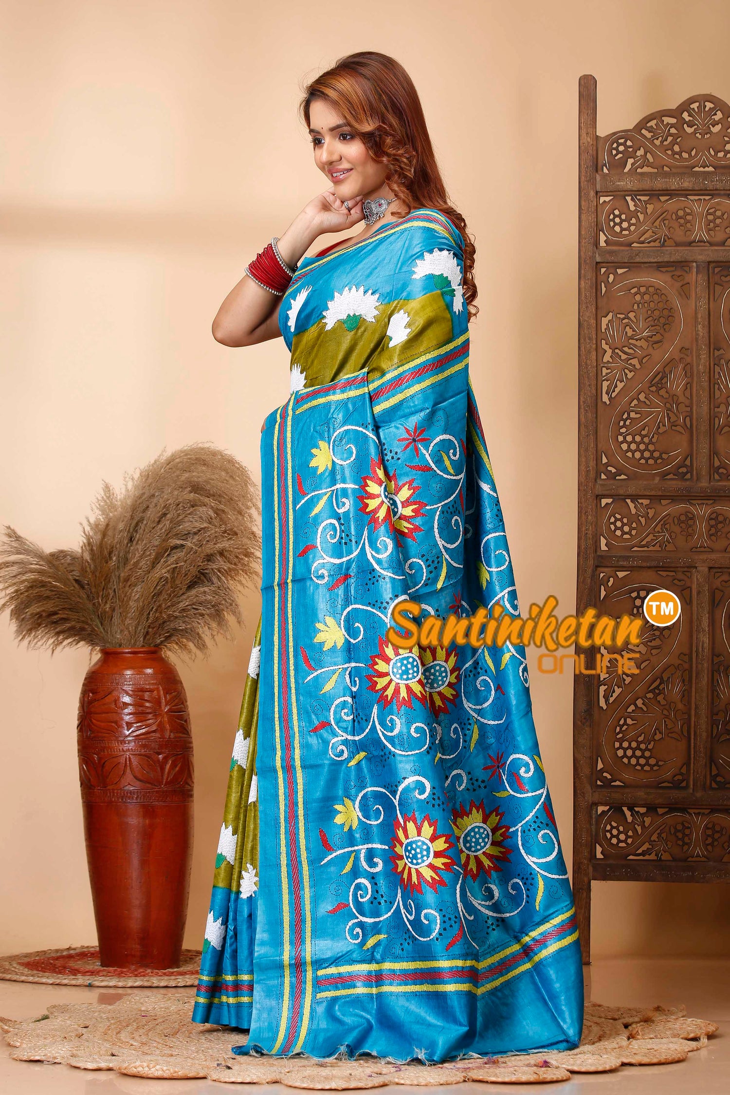 Pure Dye Tussar Silk Kantha Stitch Saree SN202521332
