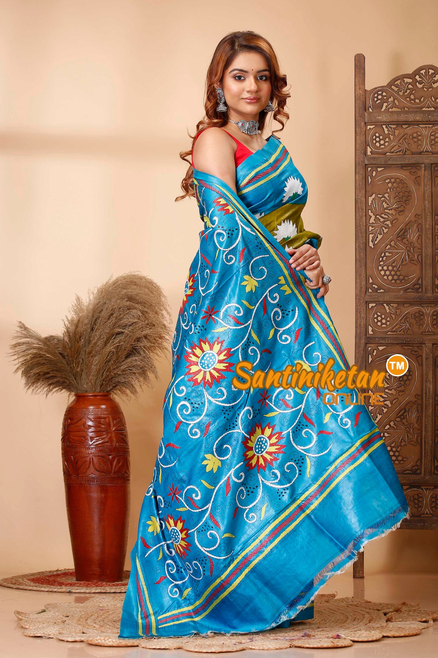 Pure Dye Tussar Silk Kantha Stitch Saree SN202521332