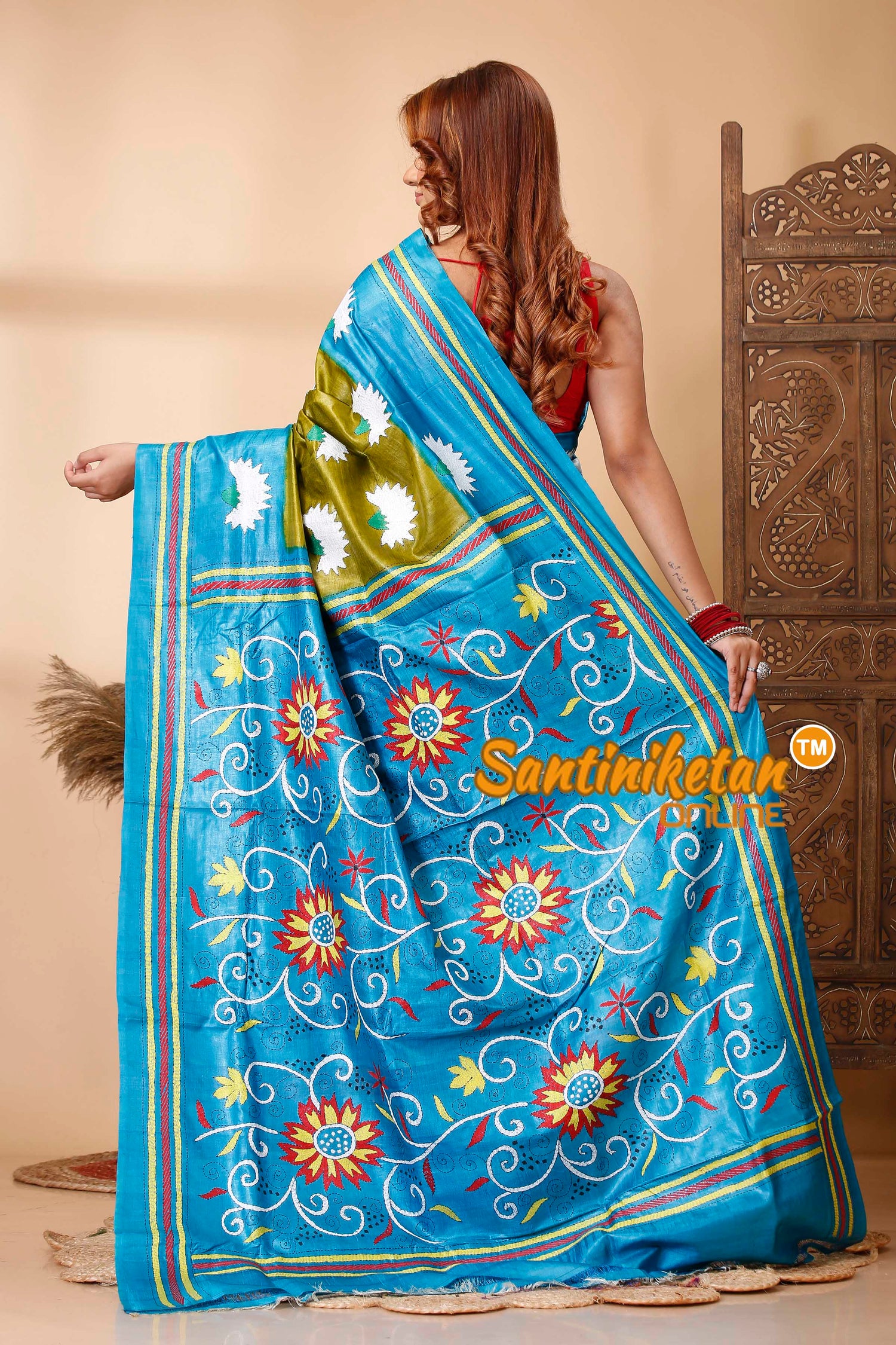 Pure Dye Tussar Silk Kantha Stitch Saree SN202521332