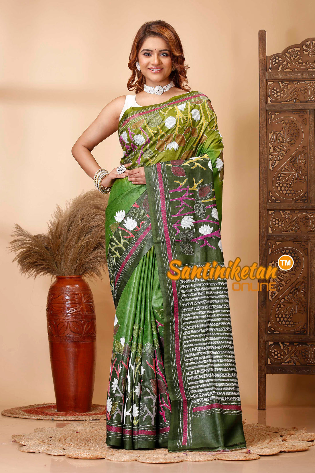 Pure Dye Tussar Silk Kantha Stitch Saree SN202521344