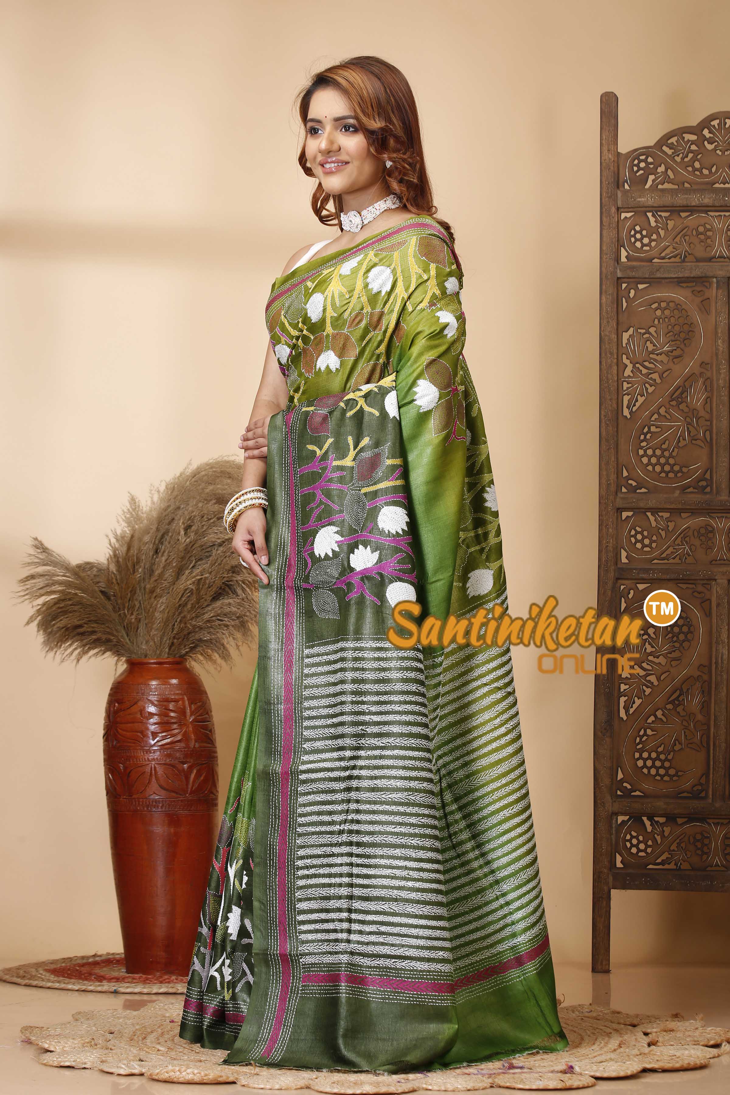 Pure Dye Tussar Silk Kantha Stitch Saree SN202521344