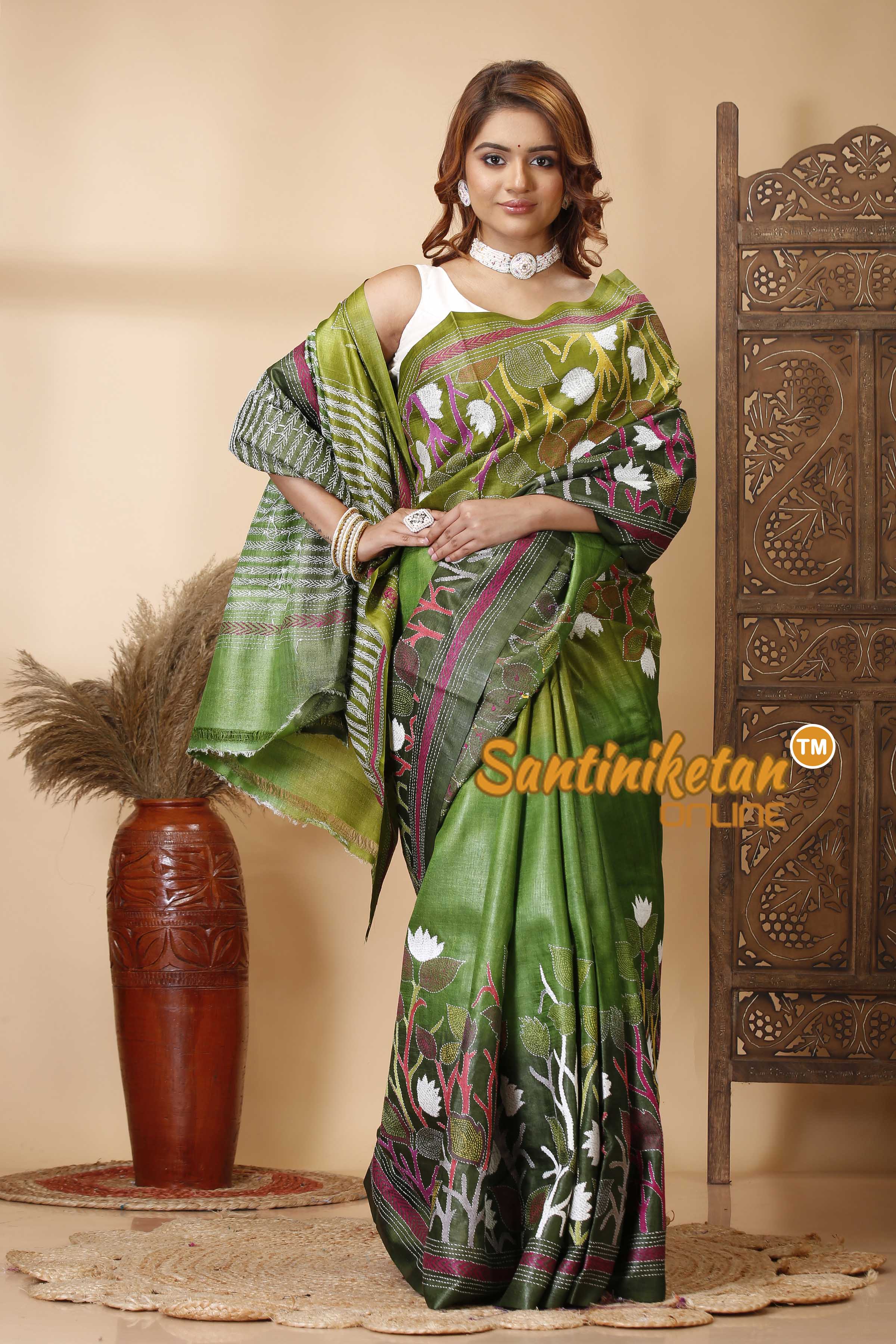 Pure Dye Tussar Silk Kantha Stitch Saree SN202521344