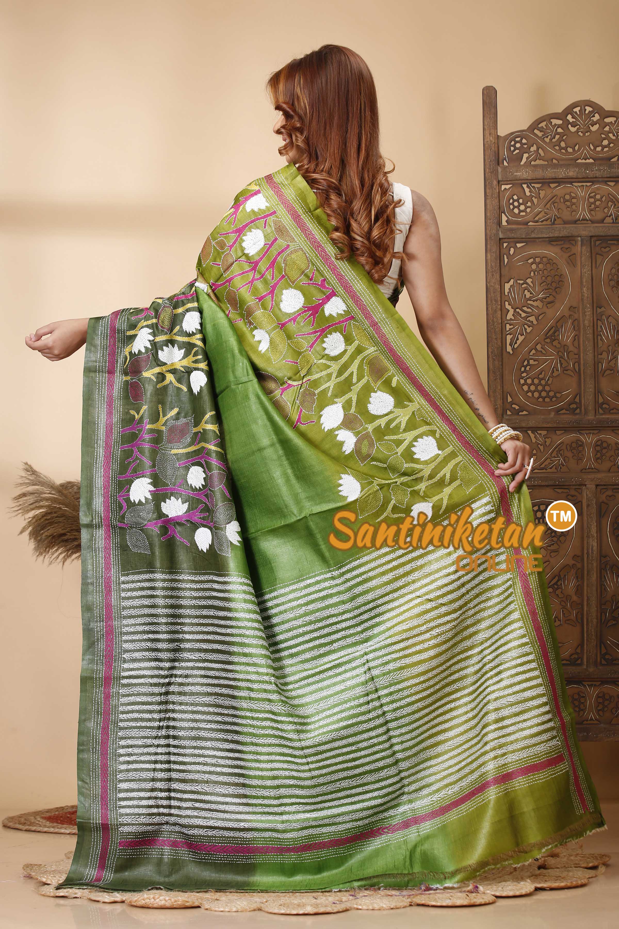 Pure Dye Tussar Silk Kantha Stitch Saree SN202521344