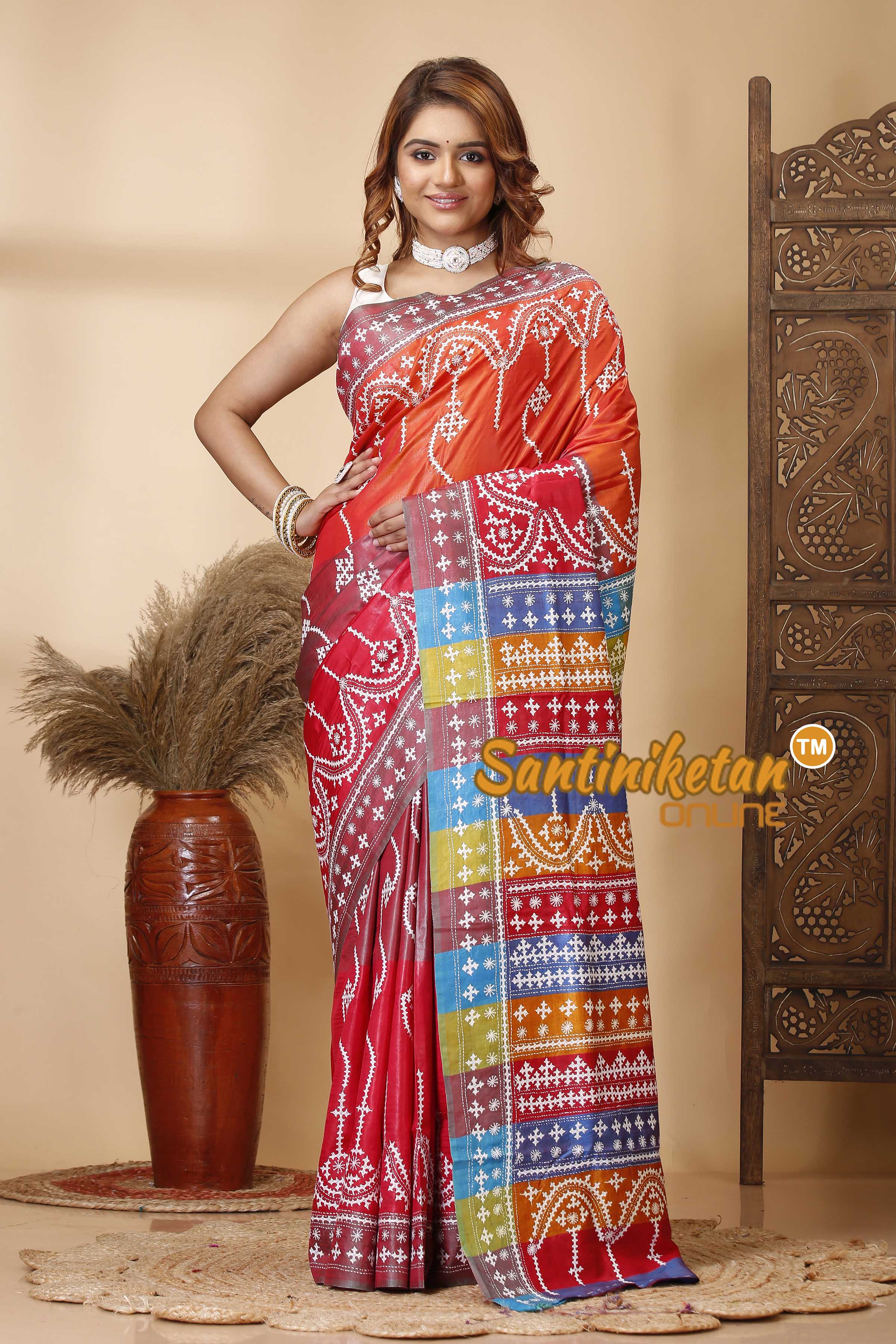 Pure Bishnupur Silk Gujrati Stitch Saree SN202521386