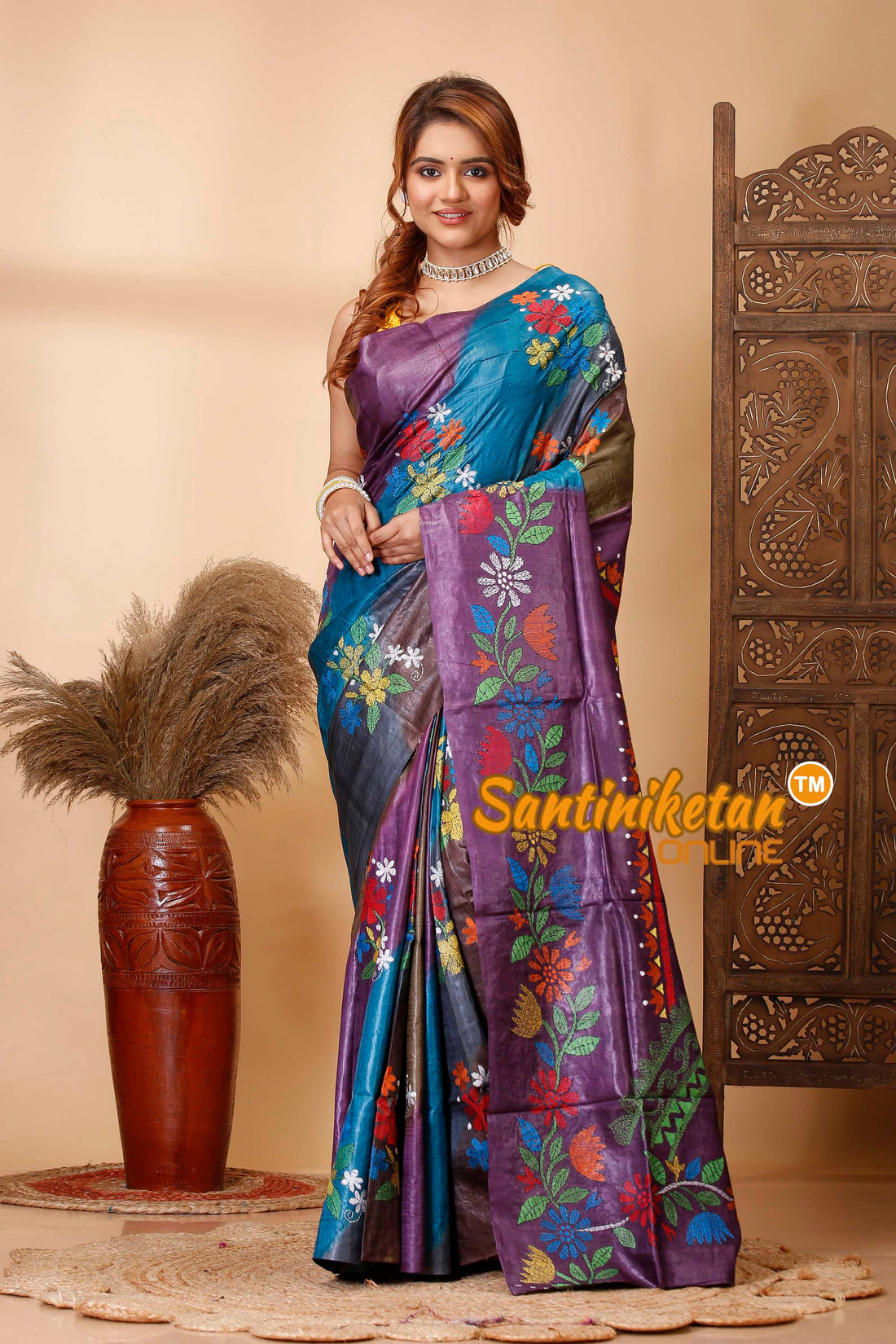 Pure Dye Tussar Silk Kantha Stitch Saree SN202521398