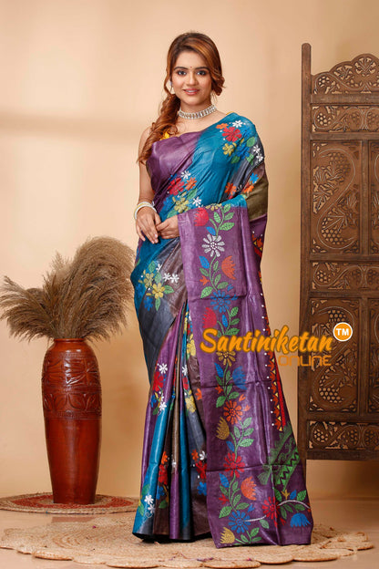 Pure Dye Tussar Silk Kantha Stitch Saree SN202521398