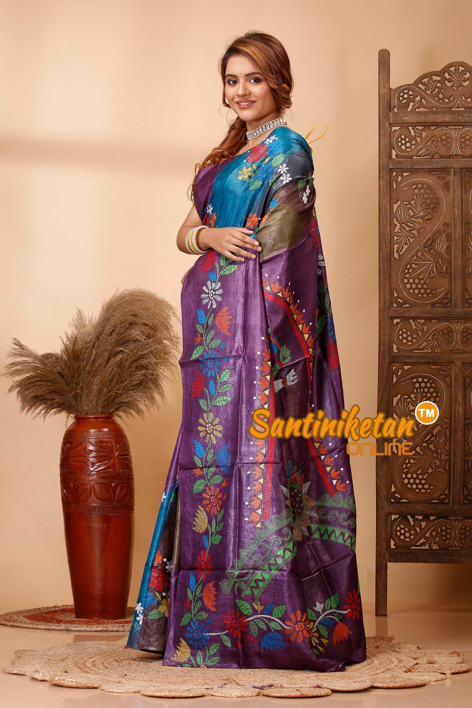 Pure Dye Tussar Silk Kantha Stitch Saree SN202521398