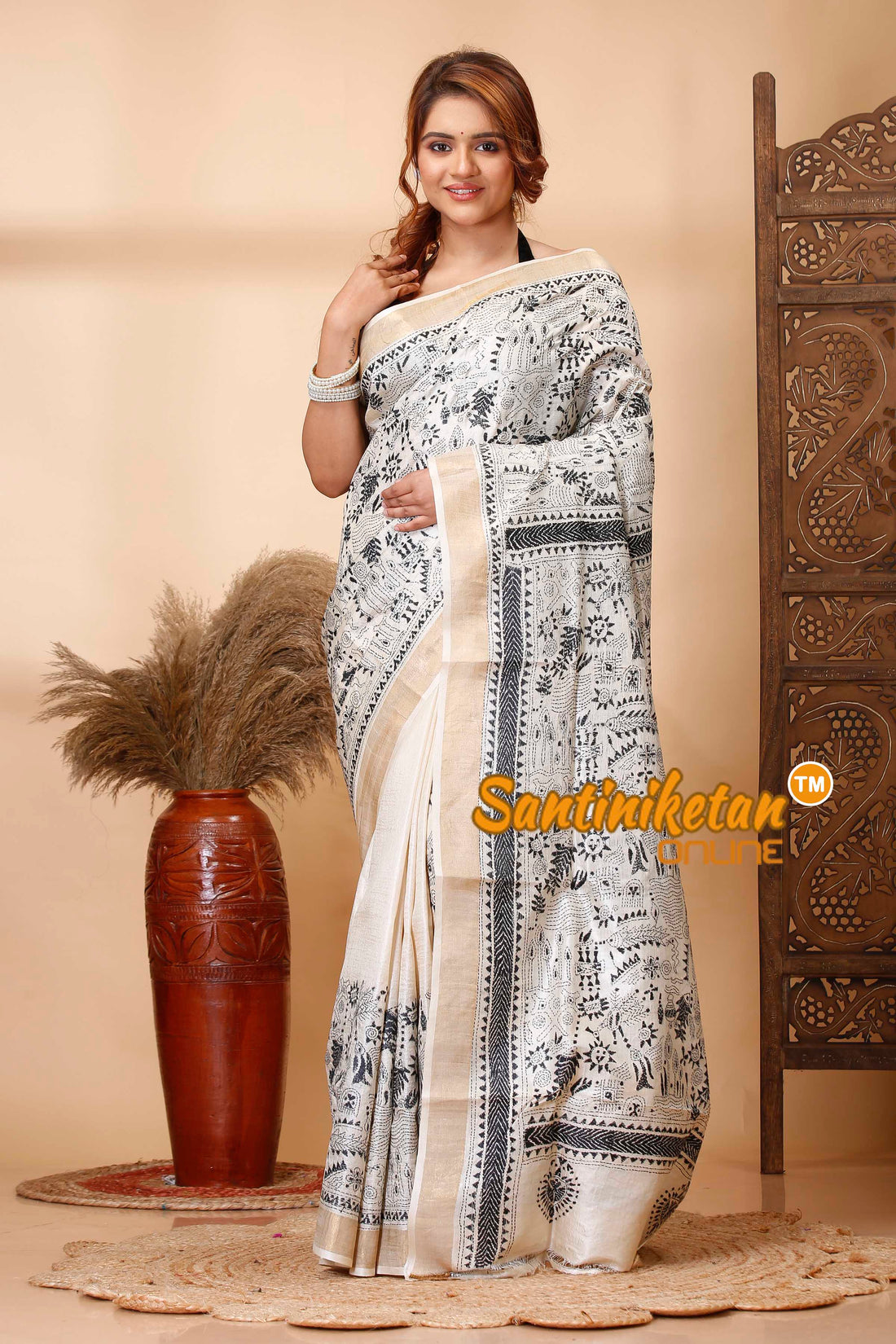 Pure Tussar Silk Zari Border Kantha Stitch Saree SN202521487