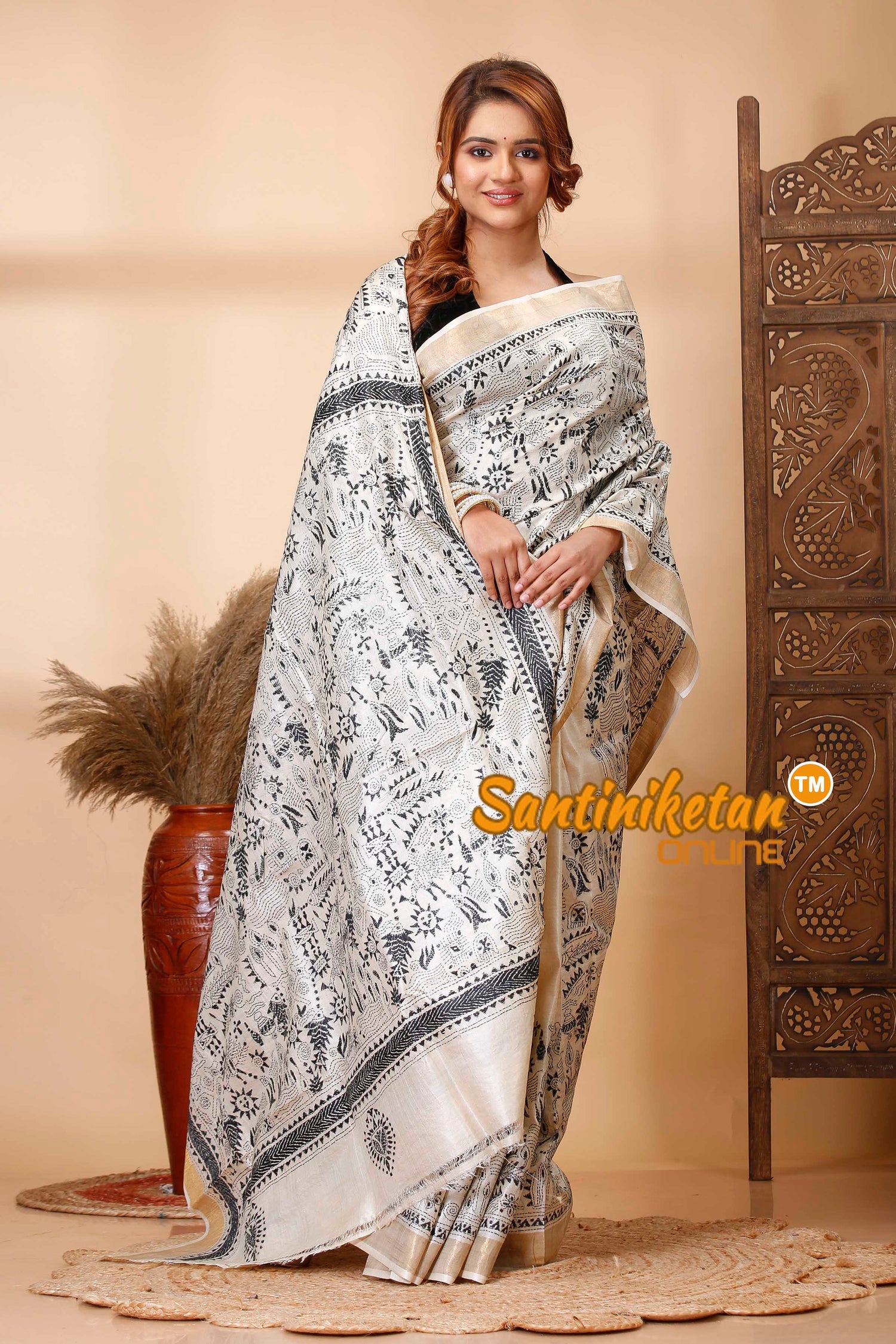 Pure Tussar Silk Zari Border Kantha Stitch Saree SN202521487