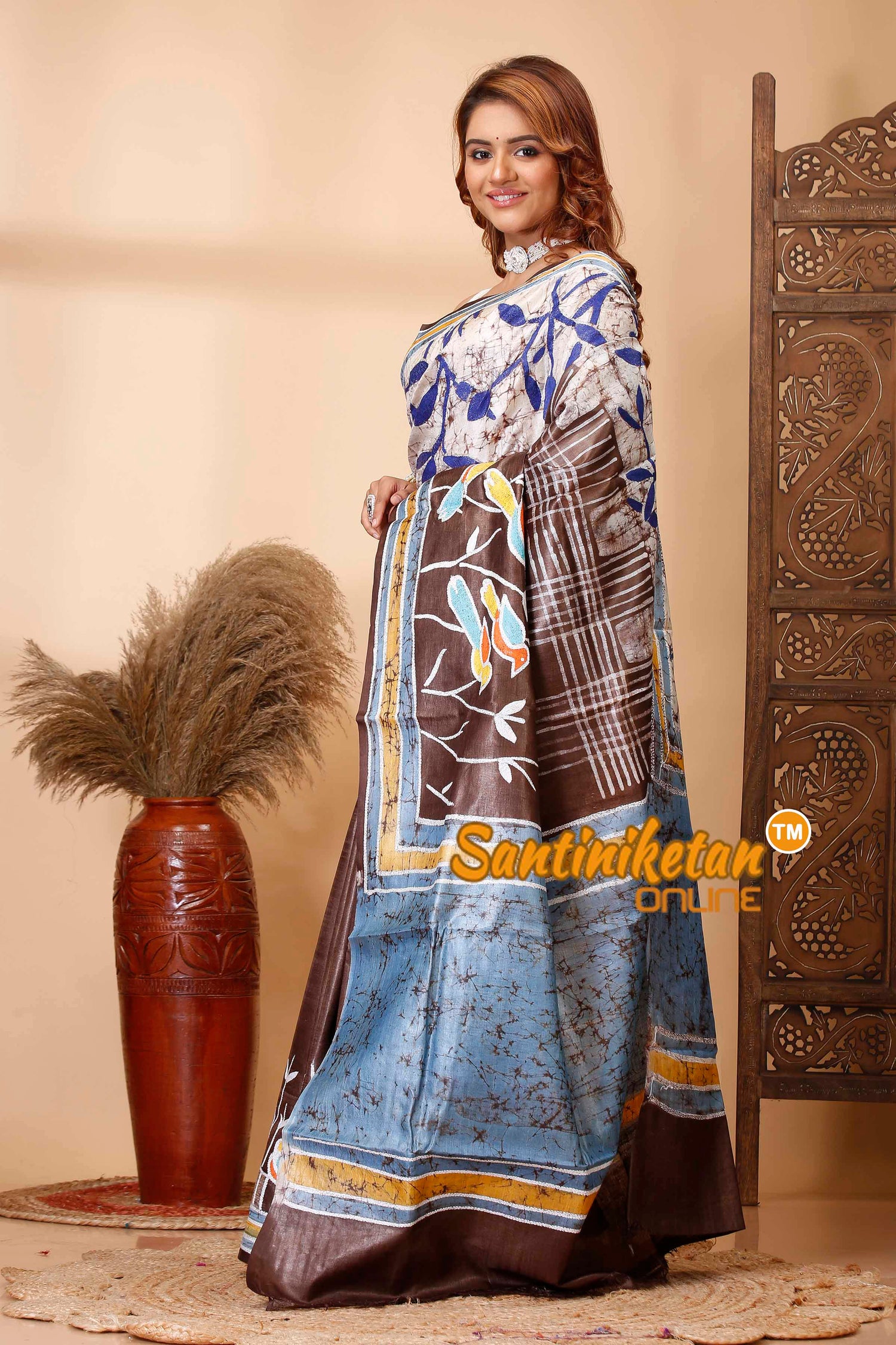 Pure Tussar Silk Hand Batik with Kantha Stitch Saree SN202521535