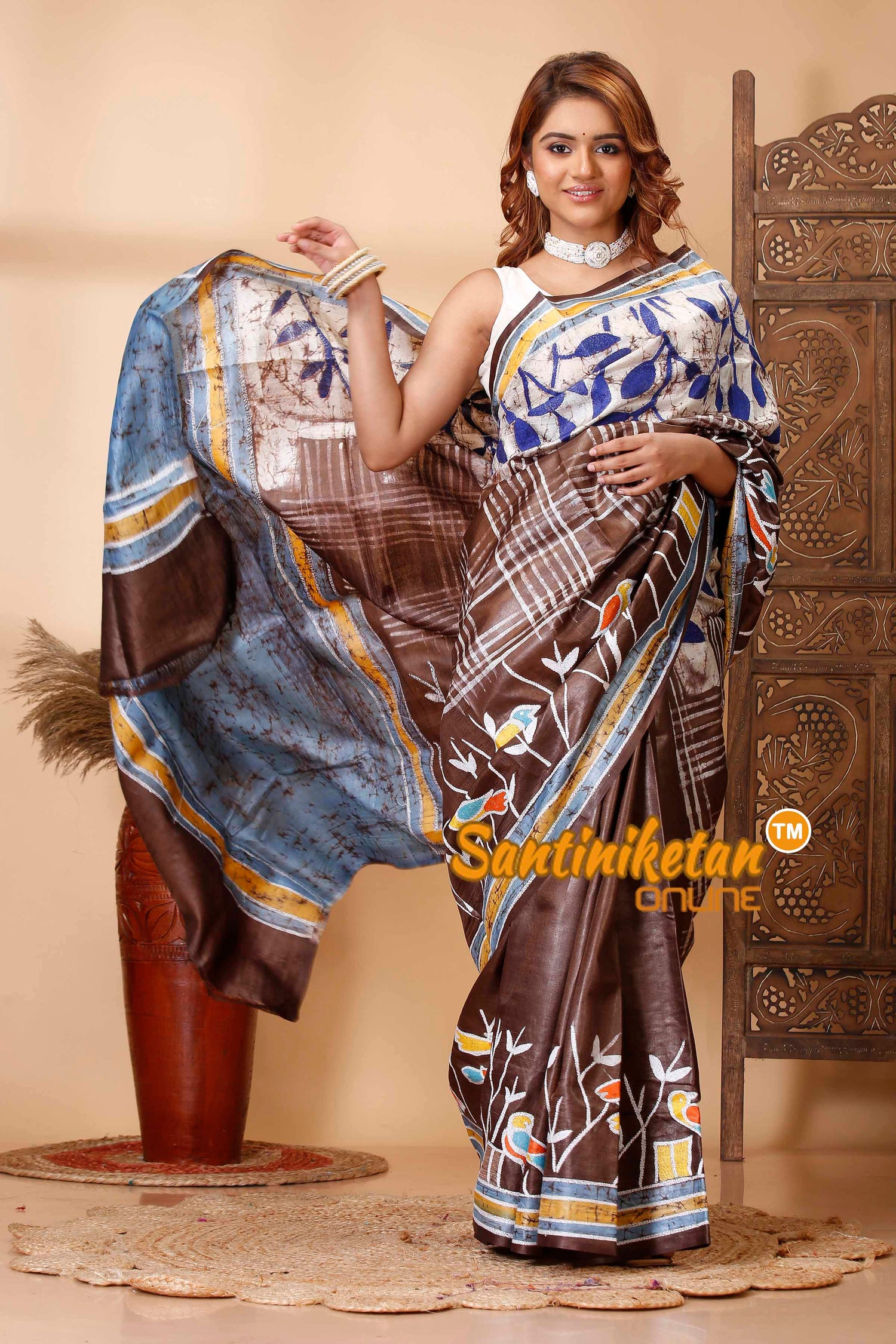 Pure Tussar Silk Hand Batik with Kantha Stitch Saree SN202521535