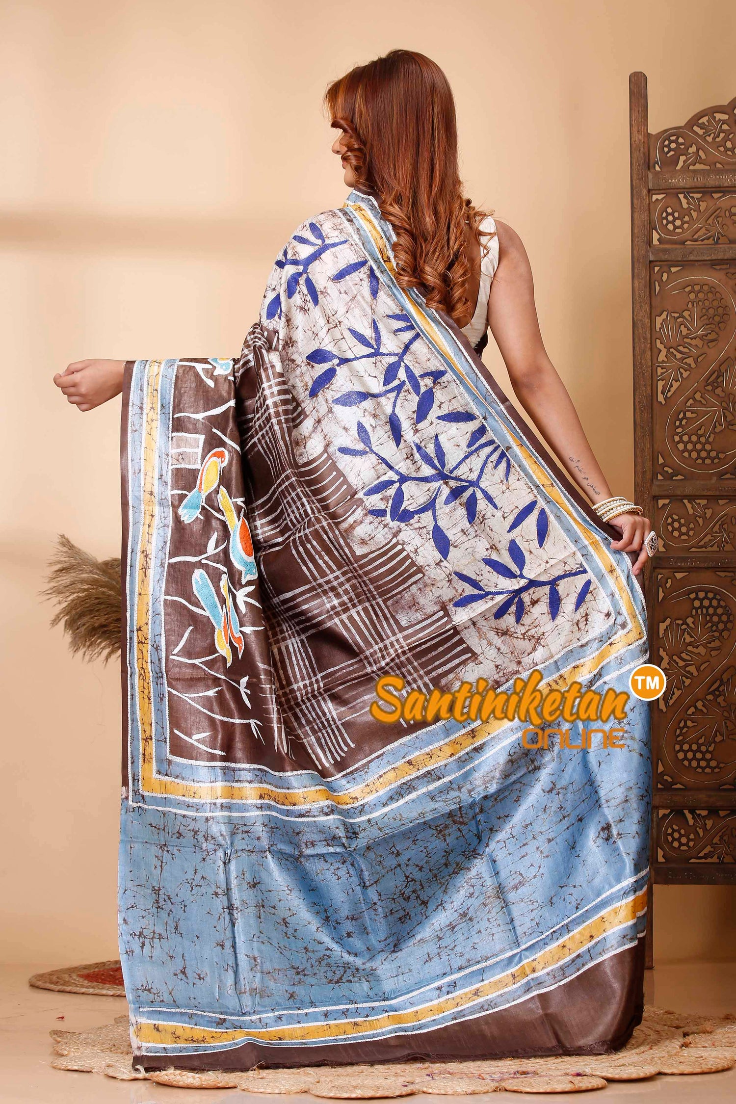 Pure Tussar Silk Hand Batik with Kantha Stitch Saree SN202521535
