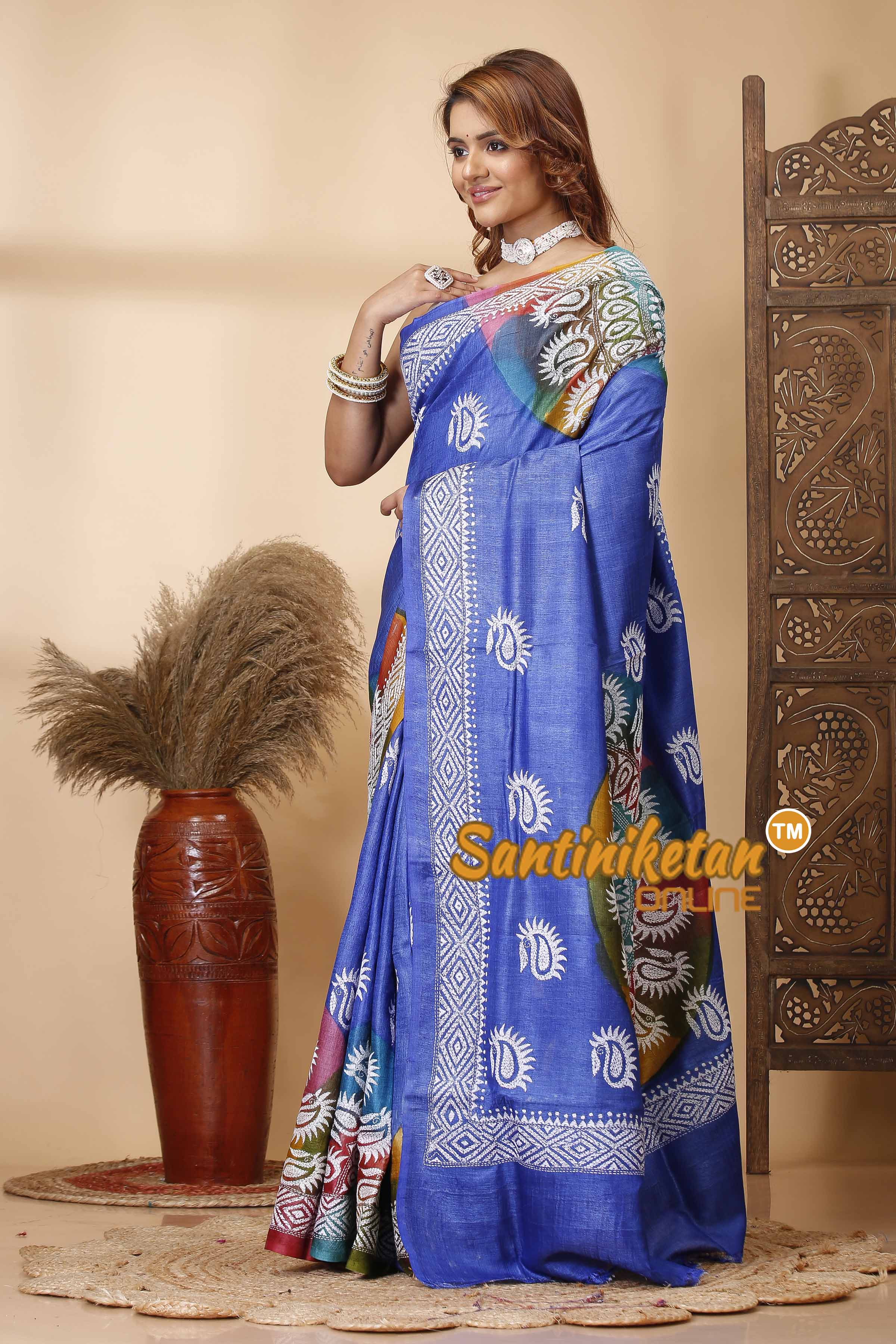 Pure Tussar Silk Kantha Stitch Saree SN202521553