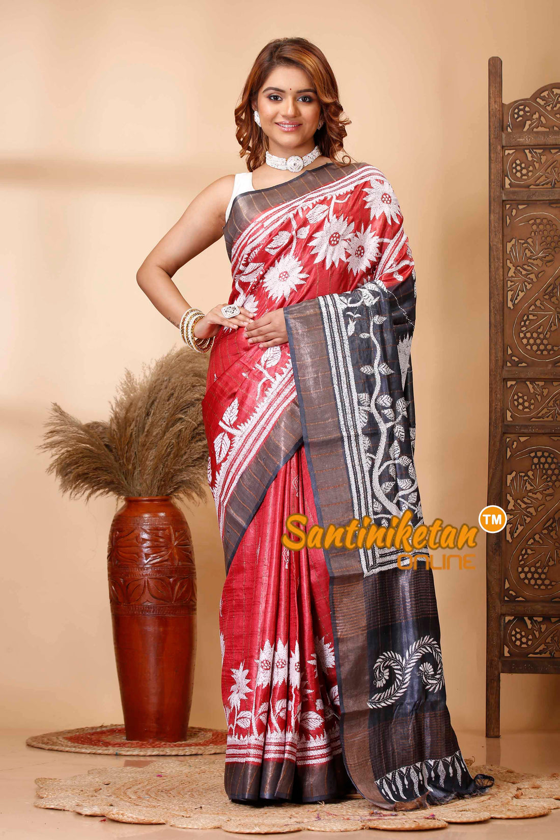 Zari Border Pure Tussar Silk Kantha Stitch Saree SN202521559