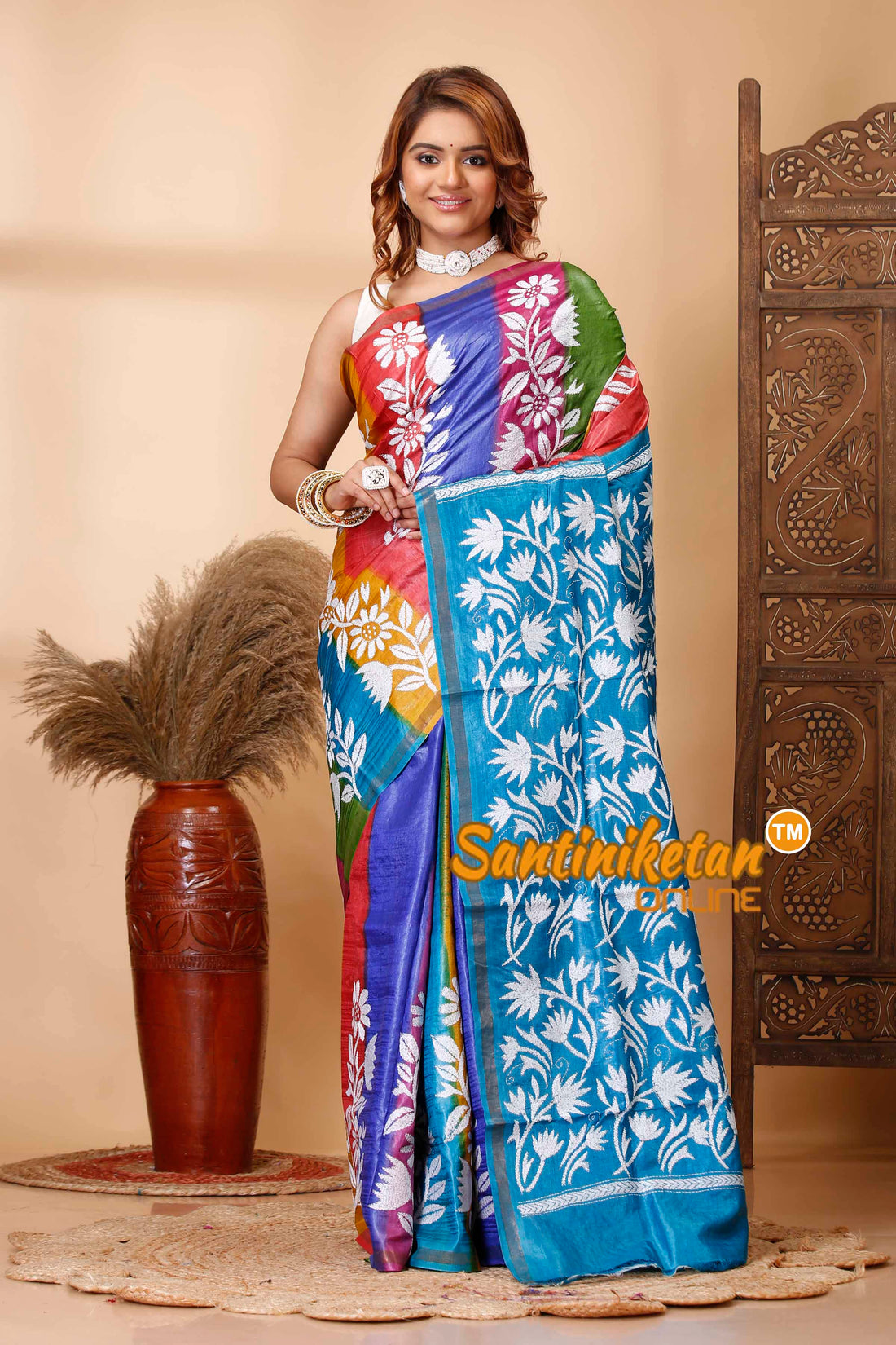 Pure Dye Tussar Silk Kantha Stitch Saree SN202521571