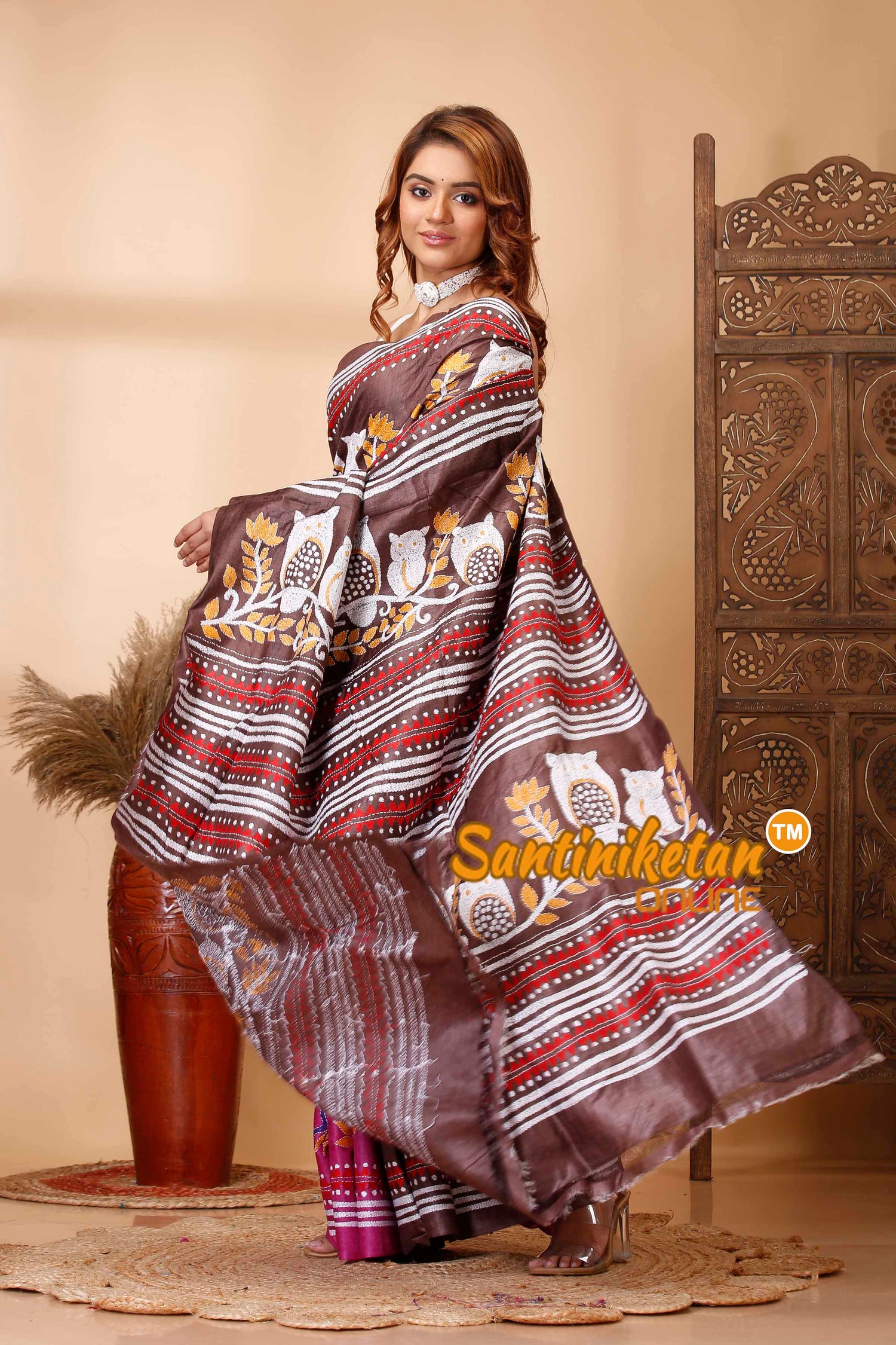 Pure Dye Ketiya Tussar Silk Kantha Stitch Saree SN202521577