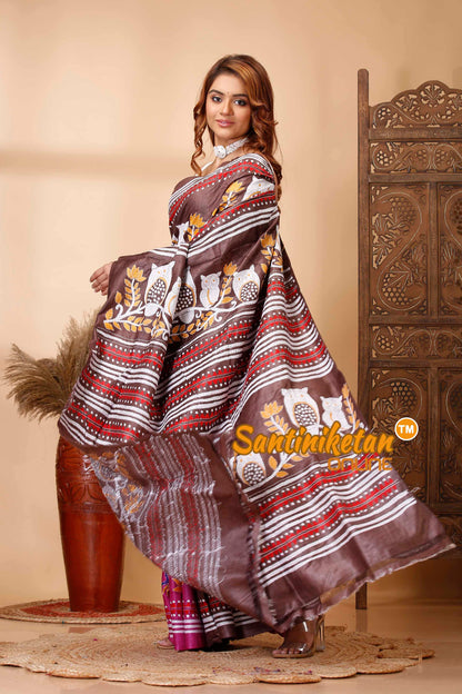 Pure Dye Ketiya Tussar Silk Kantha Stitch Saree SN202521577