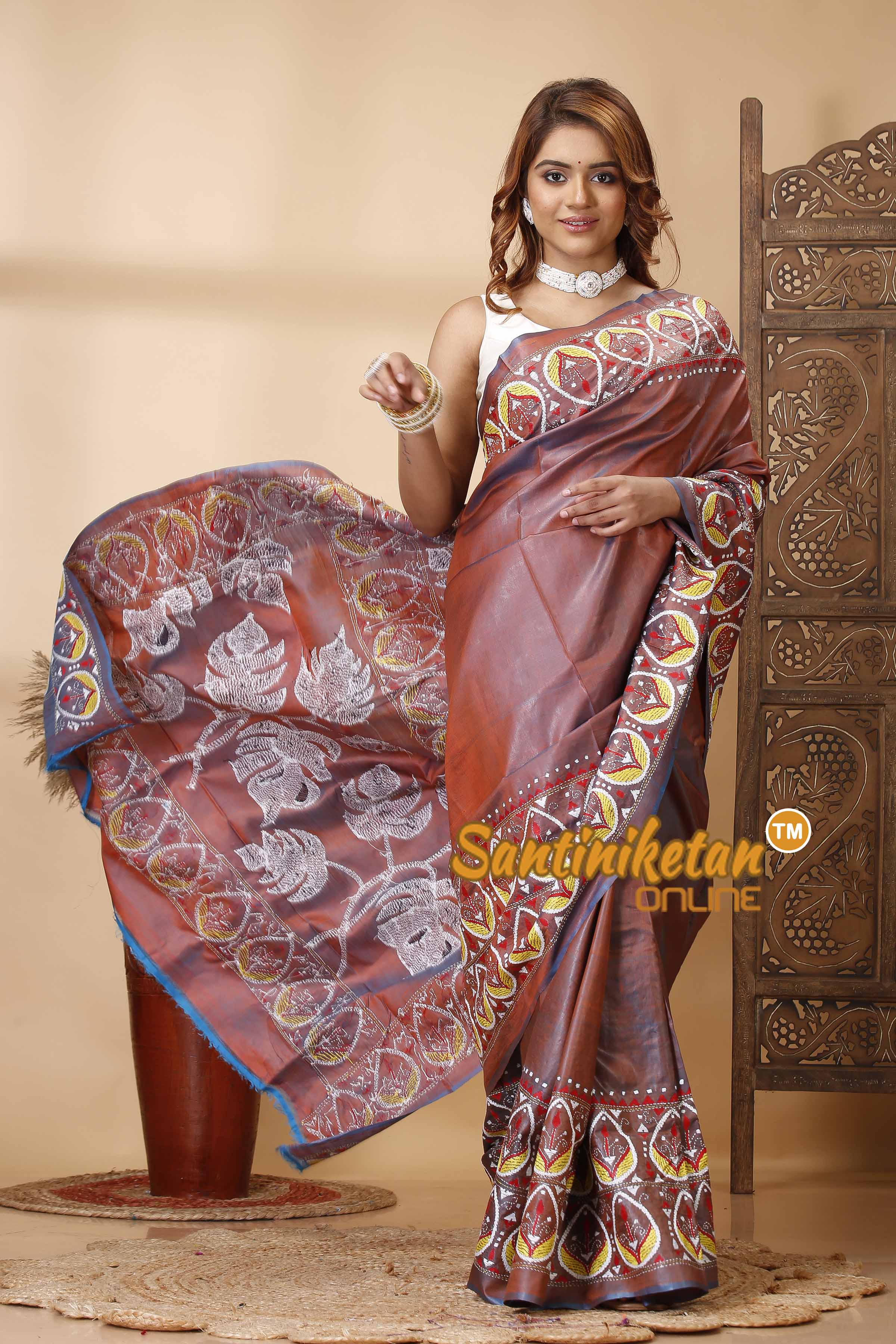 Bishnupuri (Katan) Silk Kantha Stitch Saree SN202521589