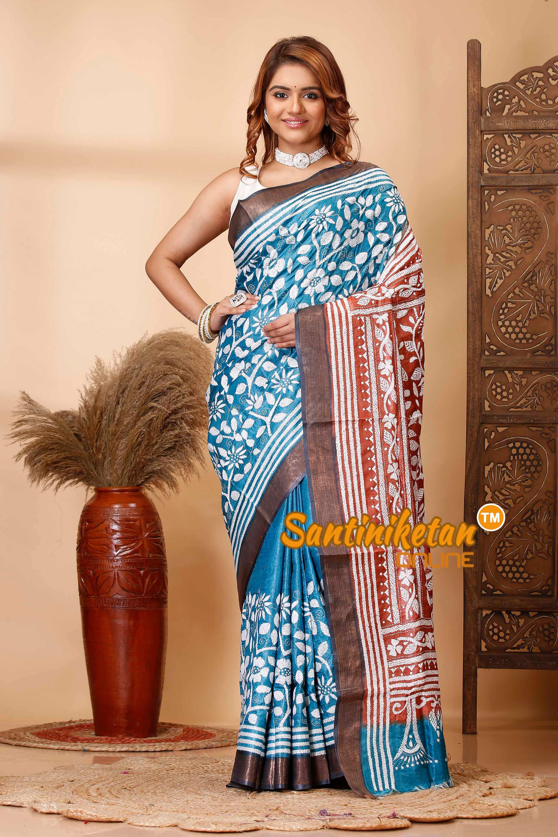 Pure Tussar Silk Zari Border Kantha Stitch Saree SN202521595