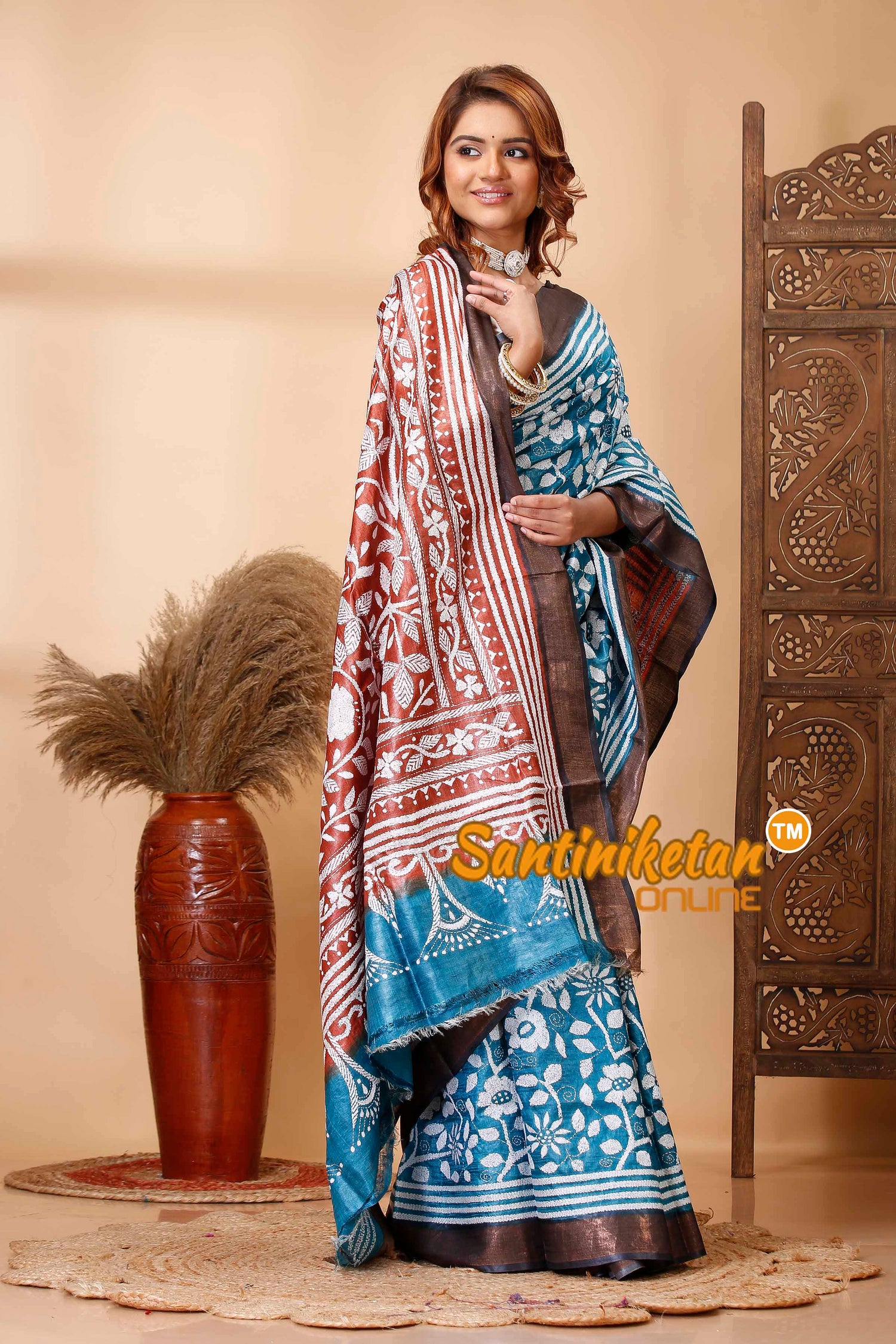 Pure Tussar Silk Zari Border Kantha Stitch Saree SN202521595