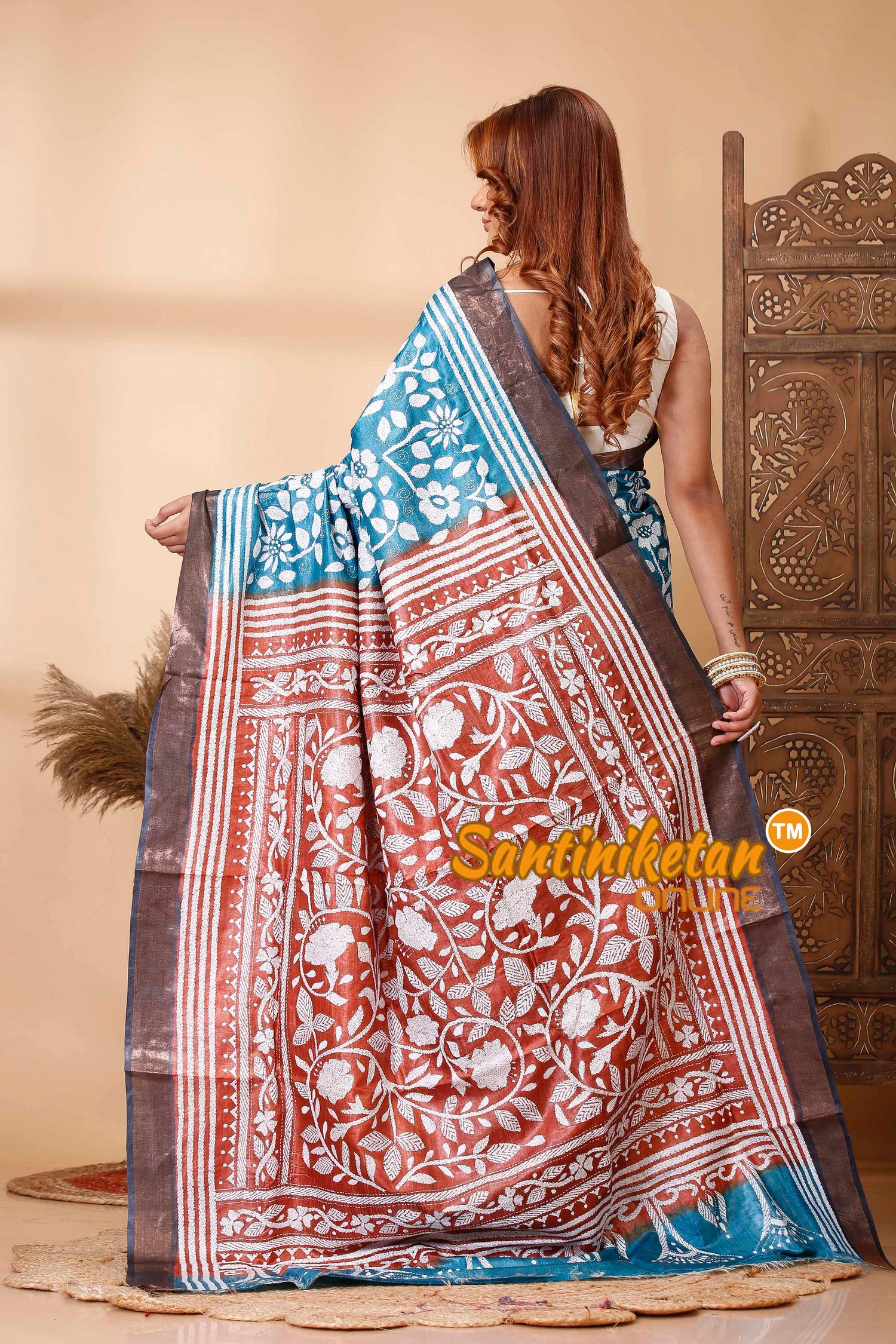 Pure Tussar Silk Zari Border Kantha Stitch Saree SN202521595