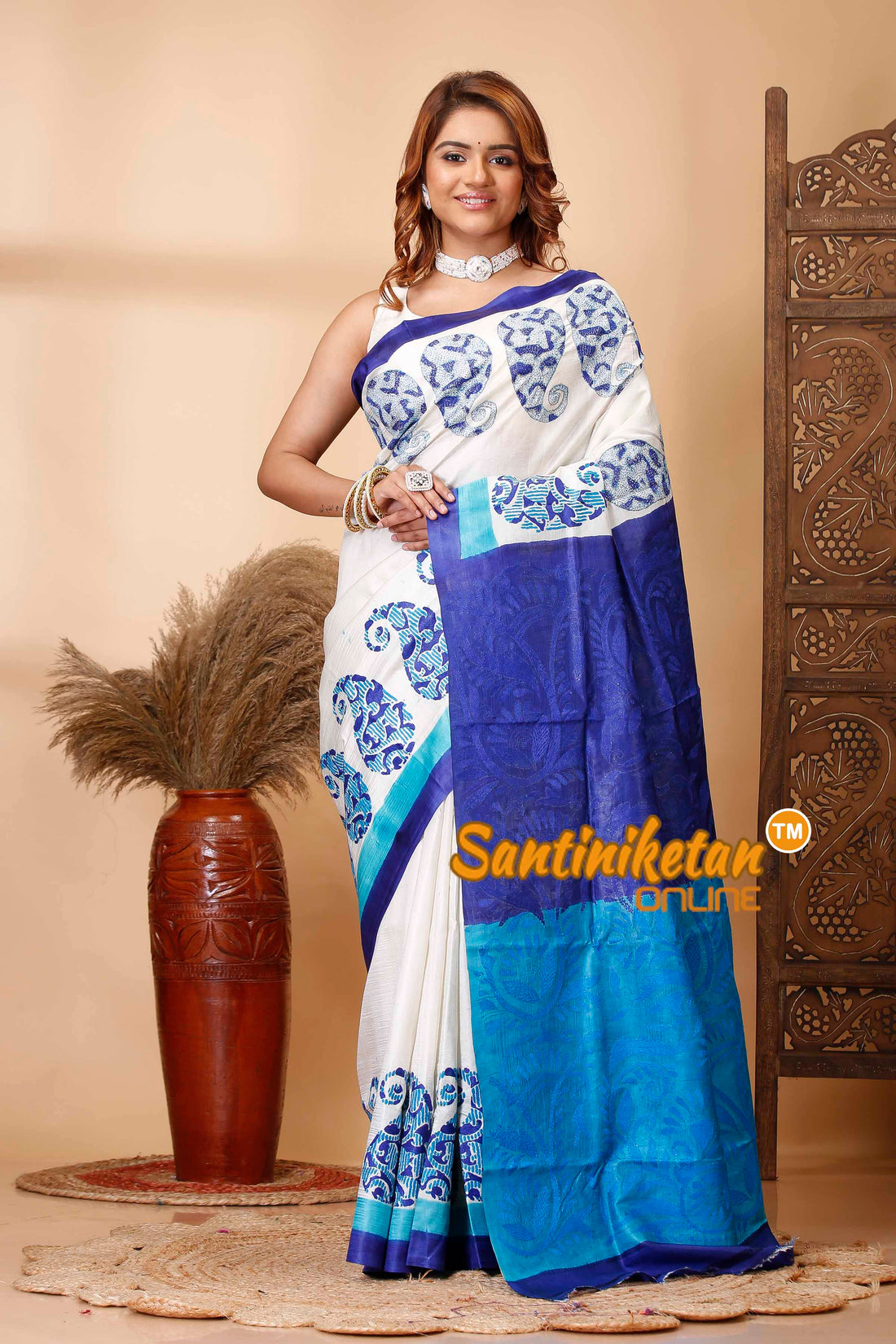 Pure Murshidabad Silk Hand Block and Kantha Stitch Saree SN202521607