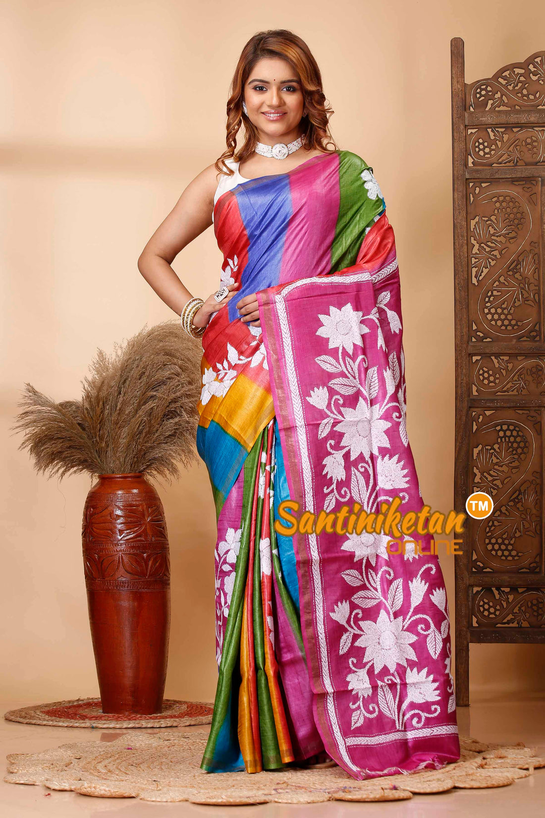 Pure Dye Tussar Silk Kantha Stitch Saree SN202521613