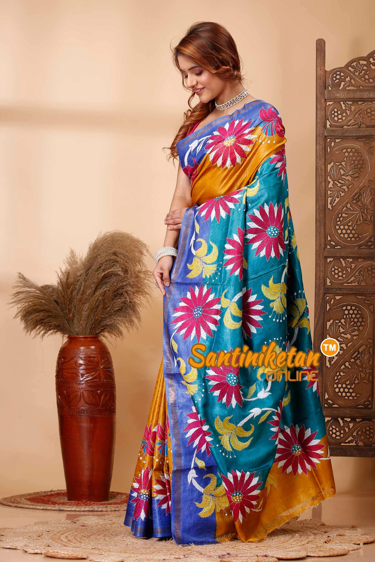 Pure Dye Tussar Silk Kantha Stitch Saree SN202521624