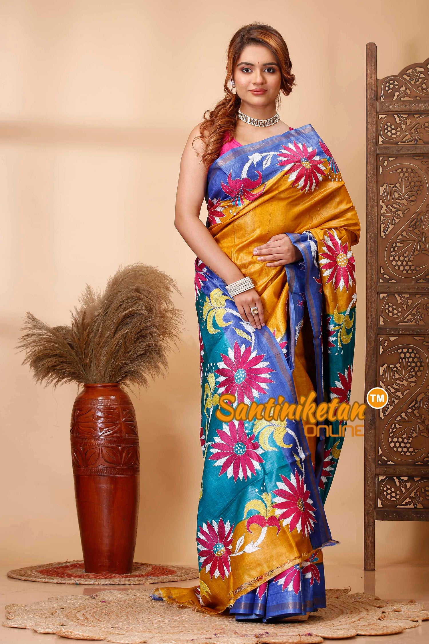 Pure Dye Tussar Silk Kantha Stitch Saree SN202521624