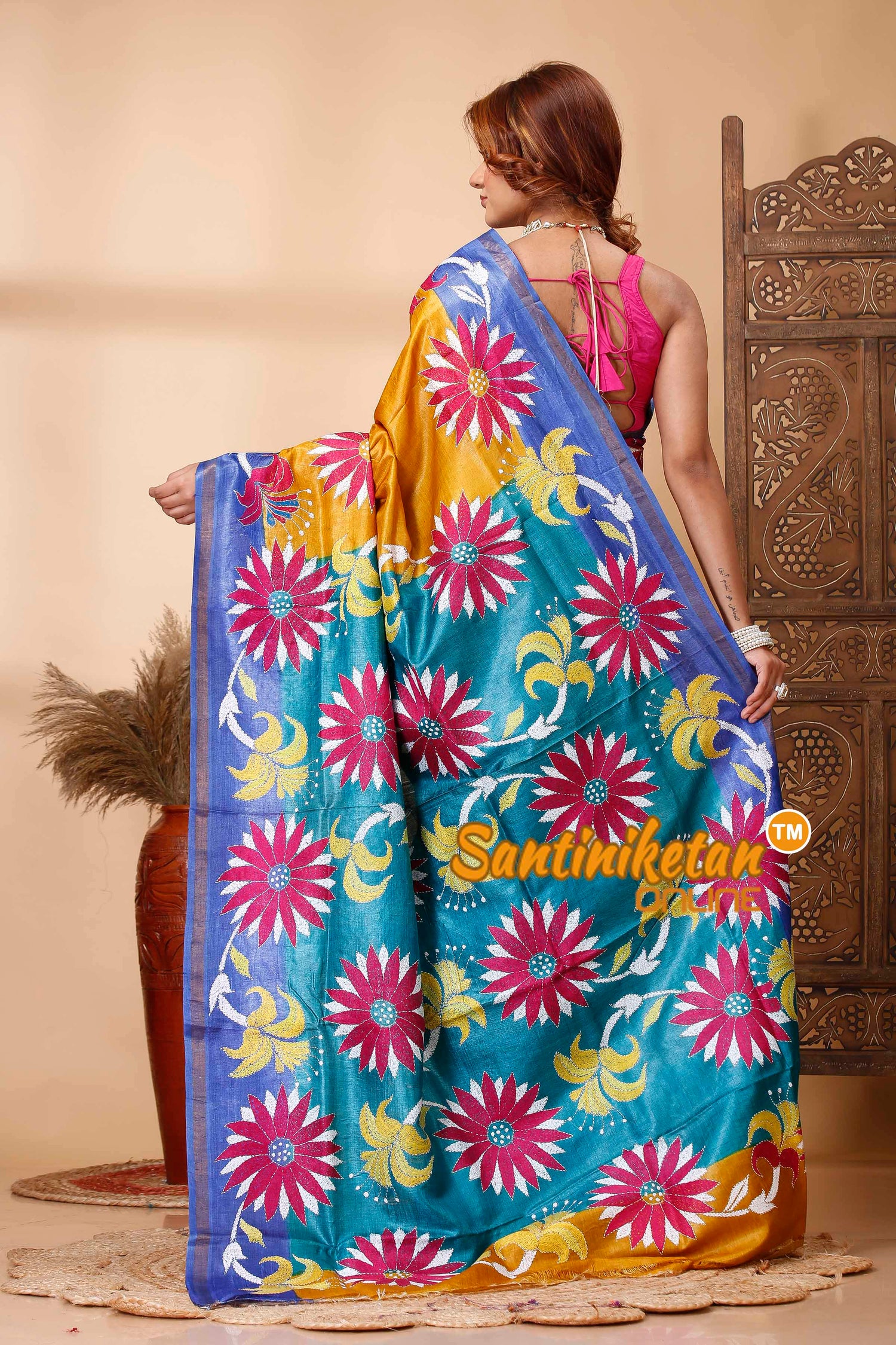 Pure Dye Tussar Silk Kantha Stitch Saree SN202521624