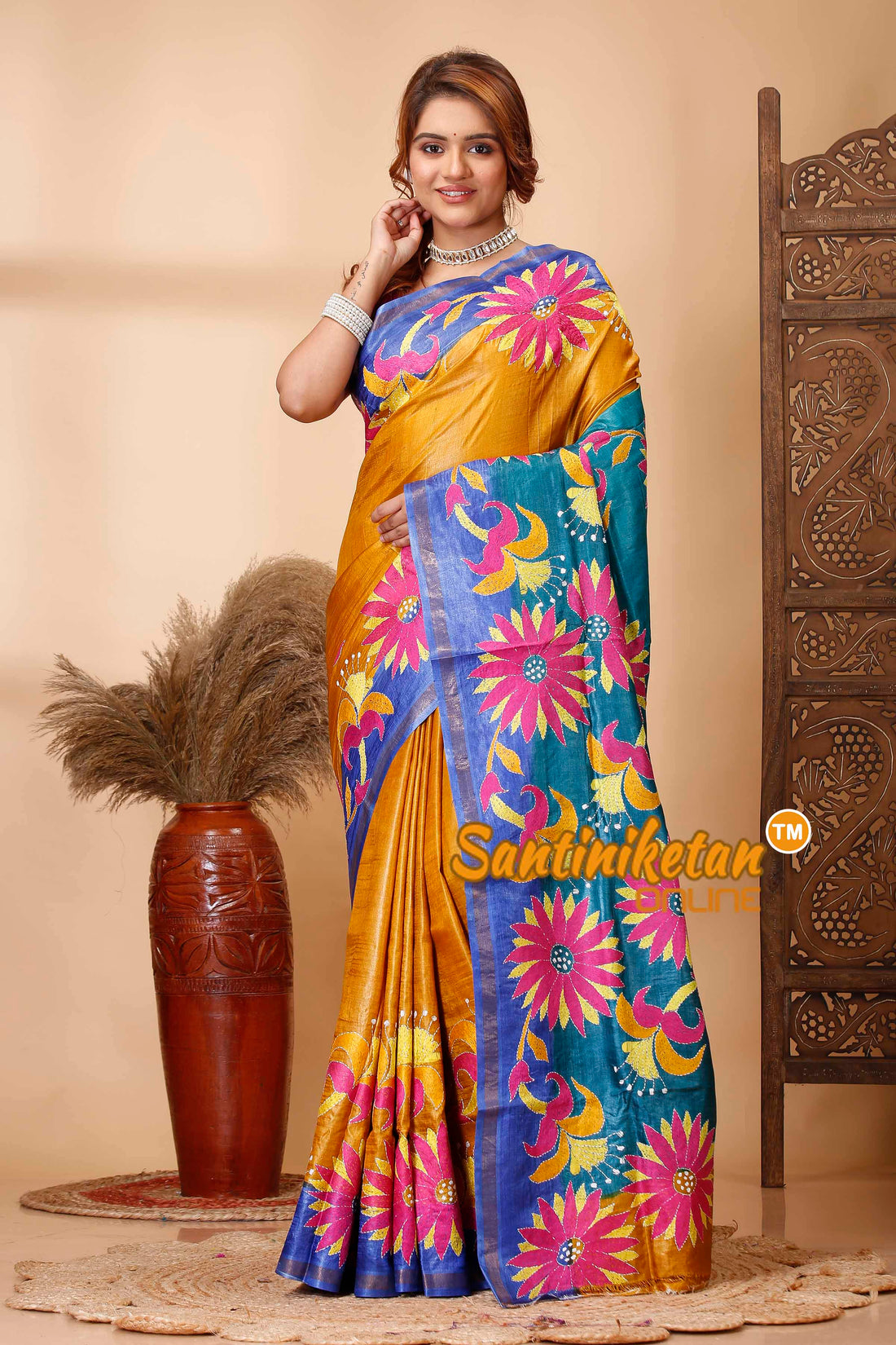 Pure Dye Tussar Silk Kantha Stitch Saree SN202521636