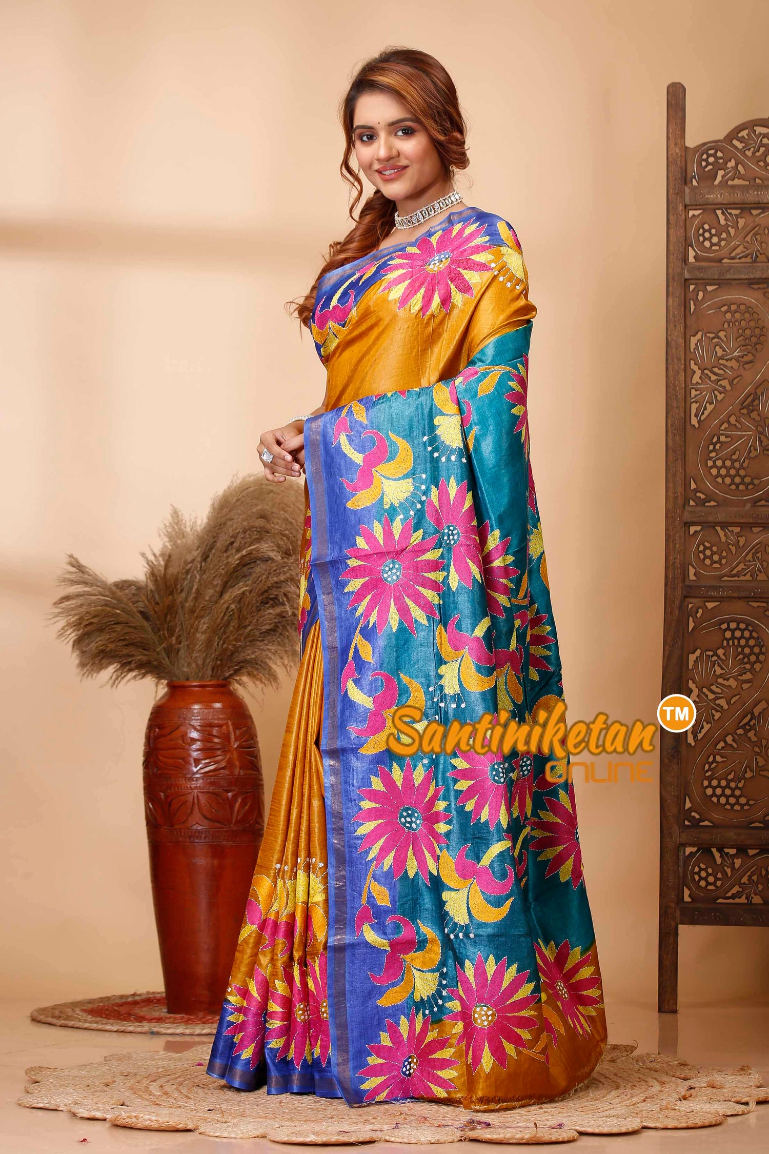 Pure Dye Tussar Silk Kantha Stitch Saree SN202521636