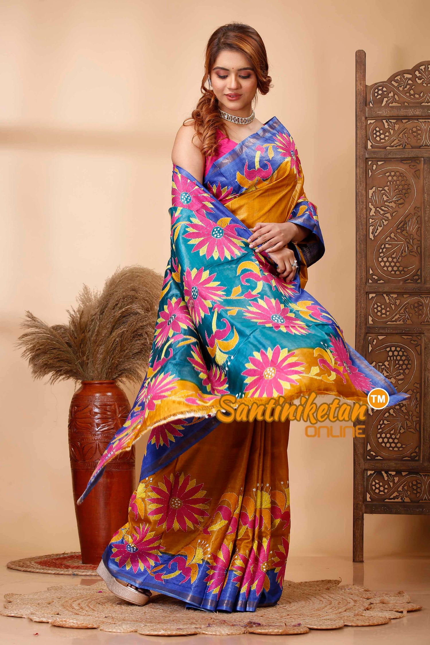 Pure Dye Tussar Silk Kantha Stitch Saree SN202521636