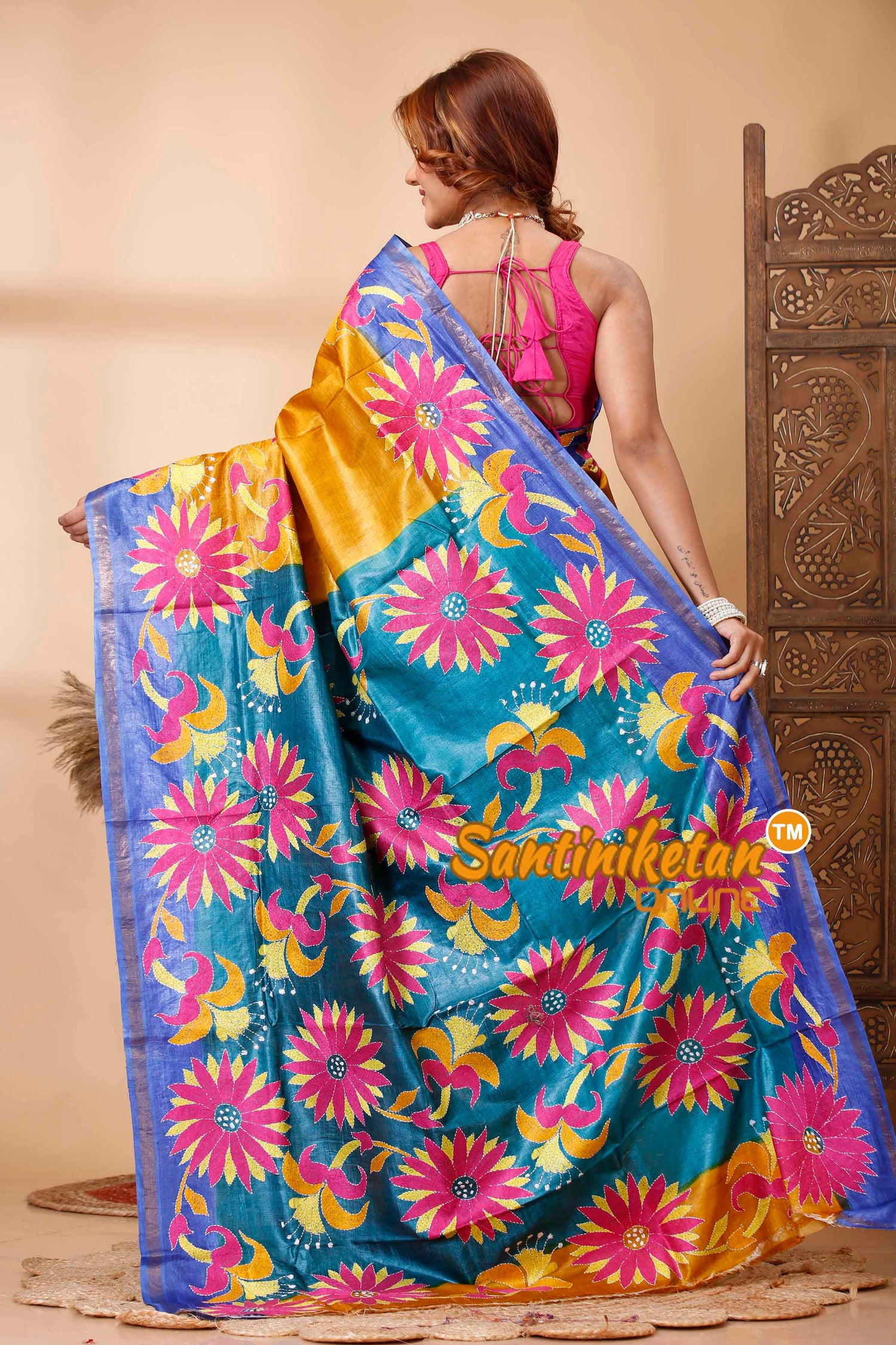 Pure Dye Tussar Silk Kantha Stitch Saree SN202521636