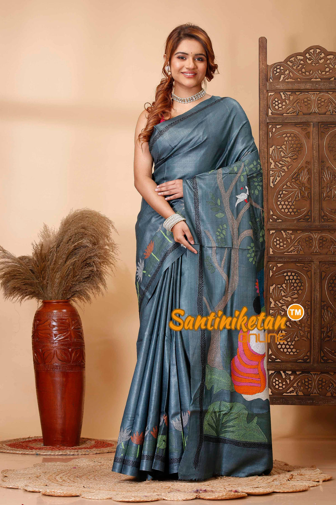 Pure Dye Gachi Tussar Silk Kantha Stitch Saree SN202521648