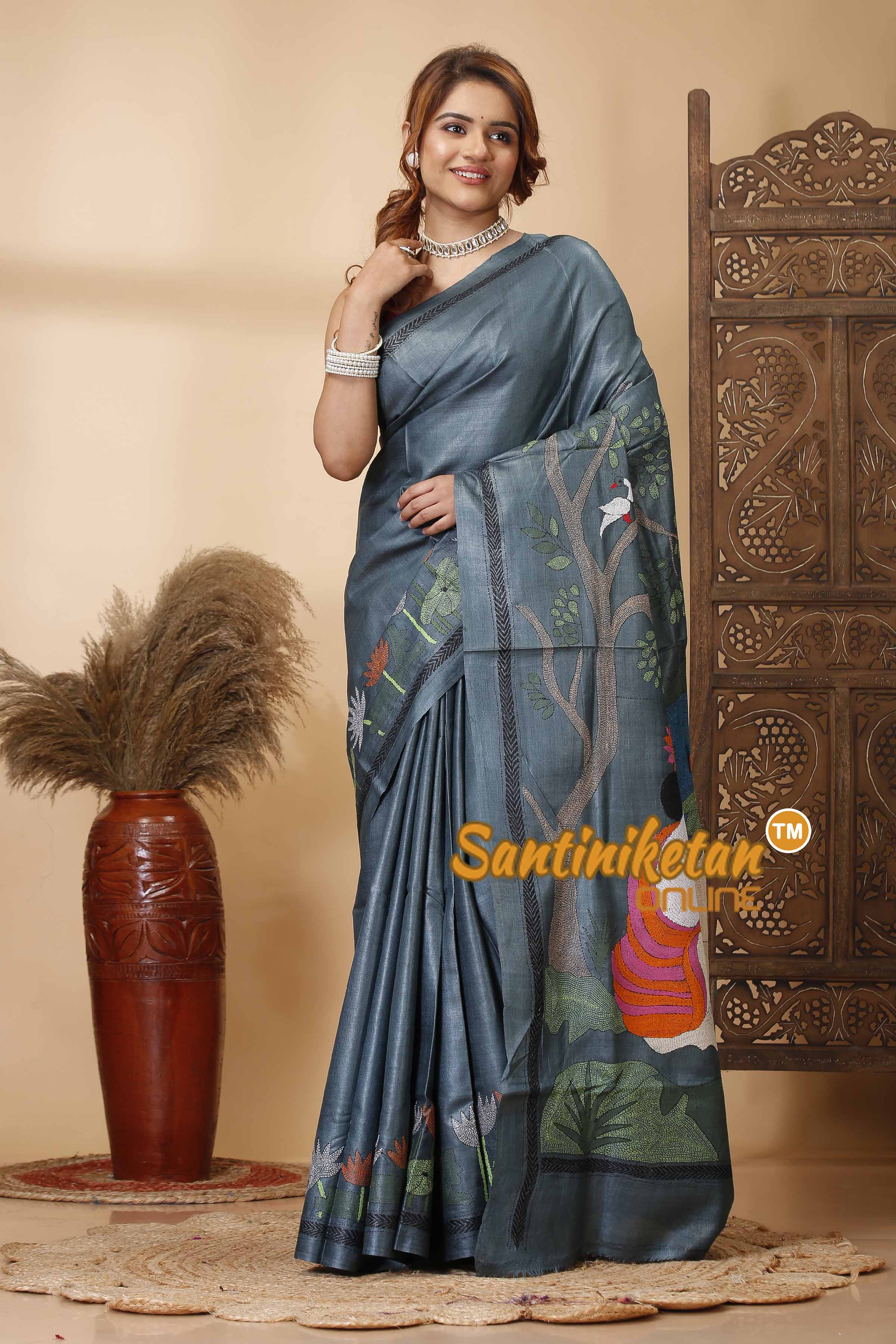 Pure Dye Gachi Tussar Silk Kantha Stitch Saree SN202521648