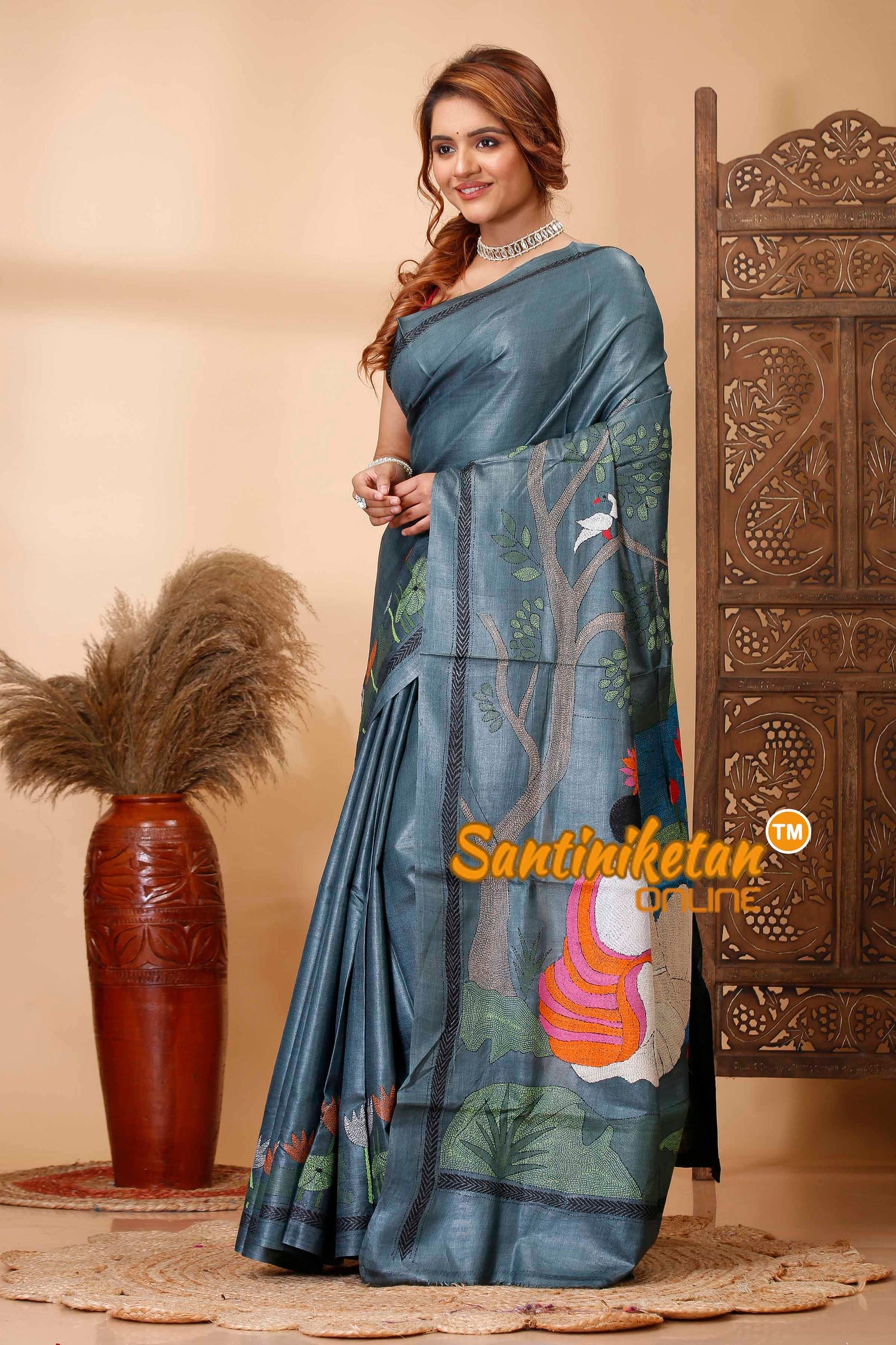 Pure Dye Gachi Tussar Silk Kantha Stitch Saree SN202521648