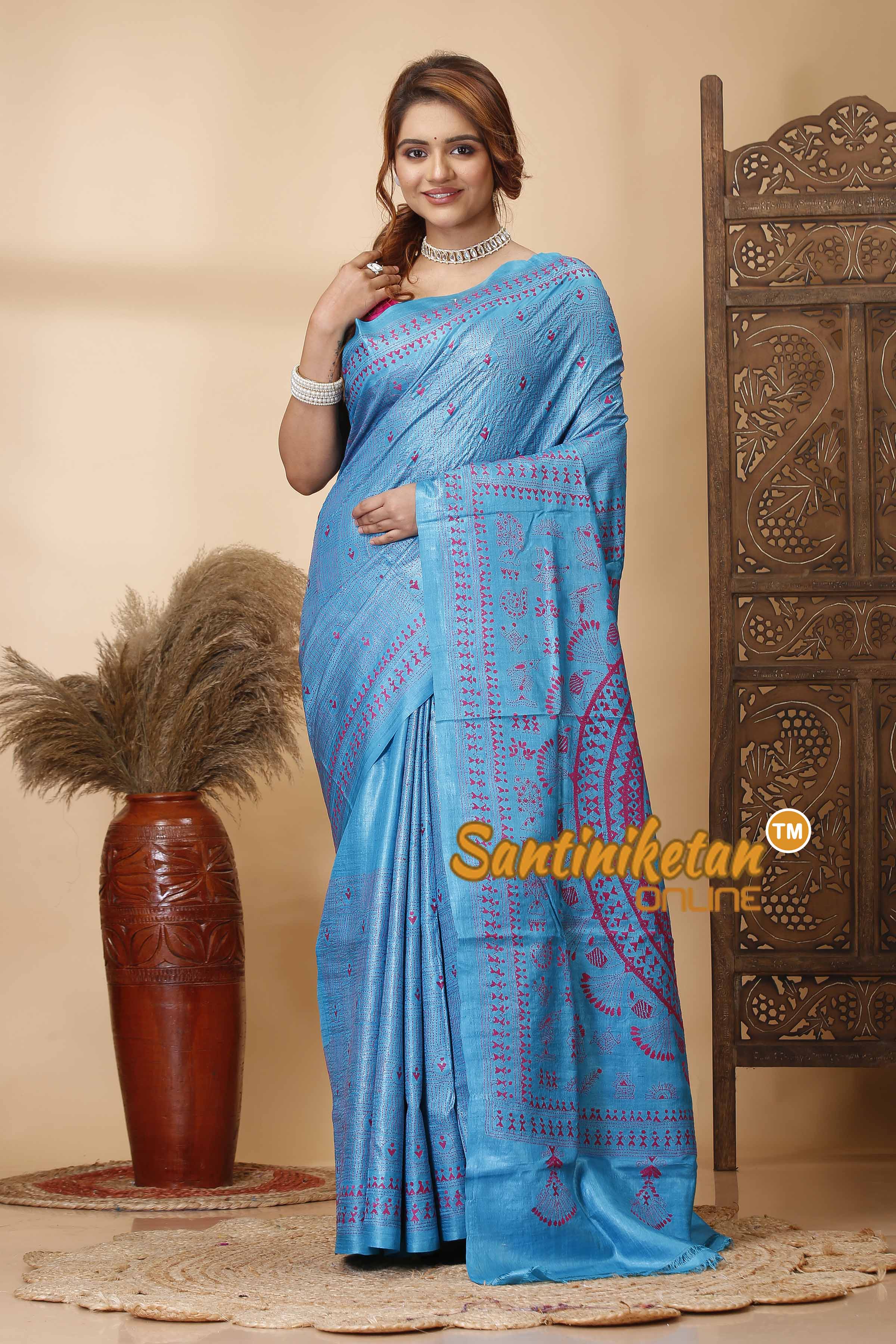 Pure Dye Tussar Silk Kantha Stitch Saree SN202521654