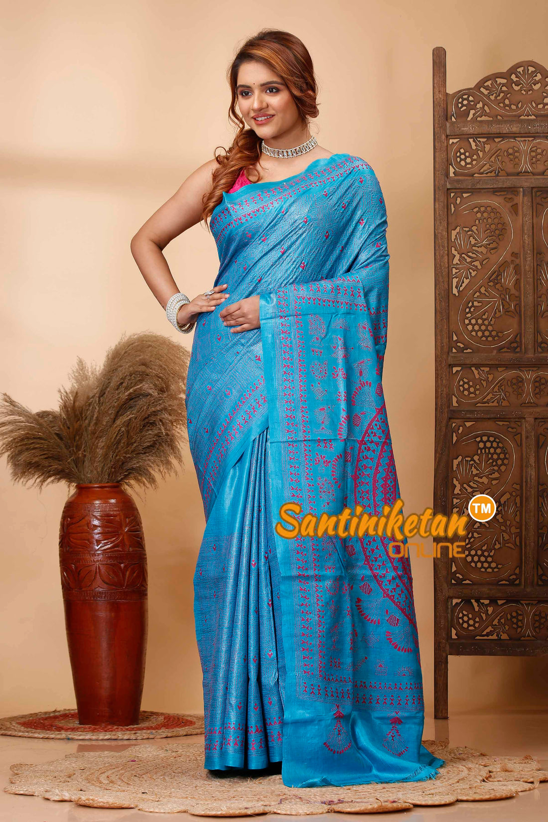 Pure Dye Tussar Silk Kantha Stitch Saree SN202521654