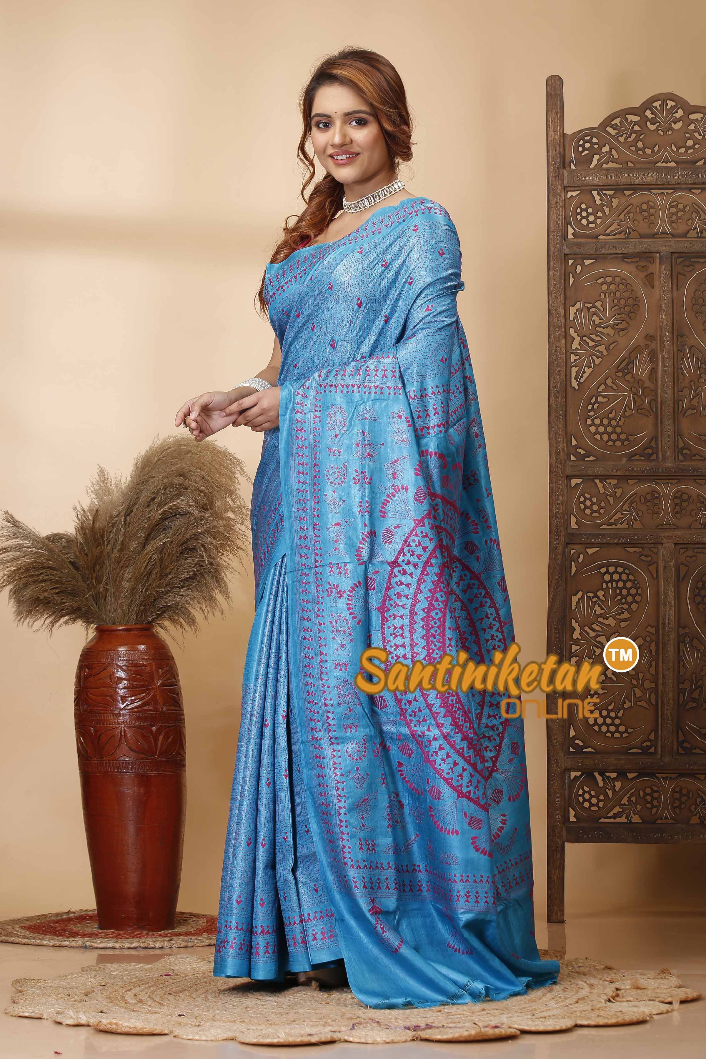 Pure Dye Tussar Silk Kantha Stitch Saree SN202521654