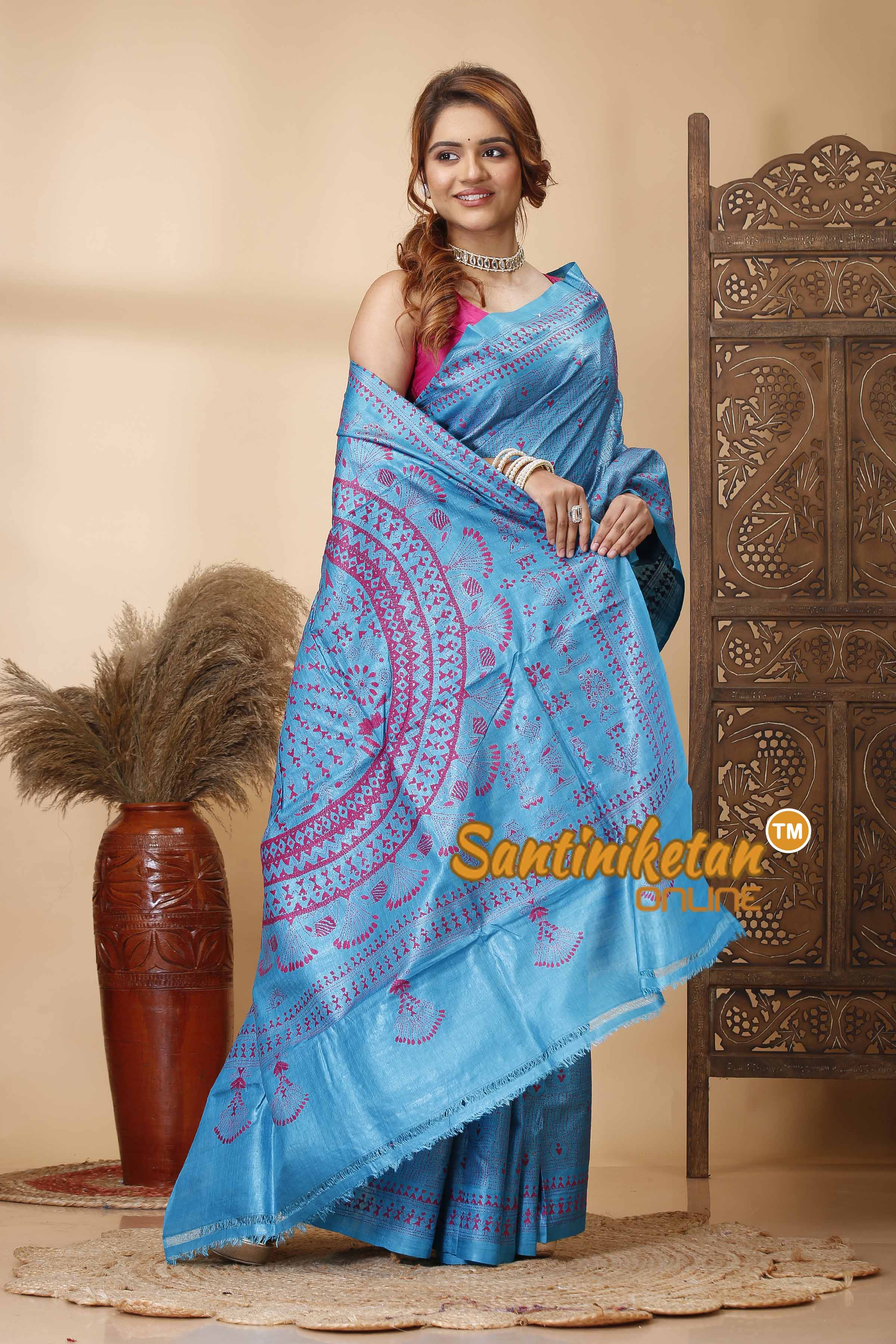 Pure Dye Tussar Silk Kantha Stitch Saree SN202521654