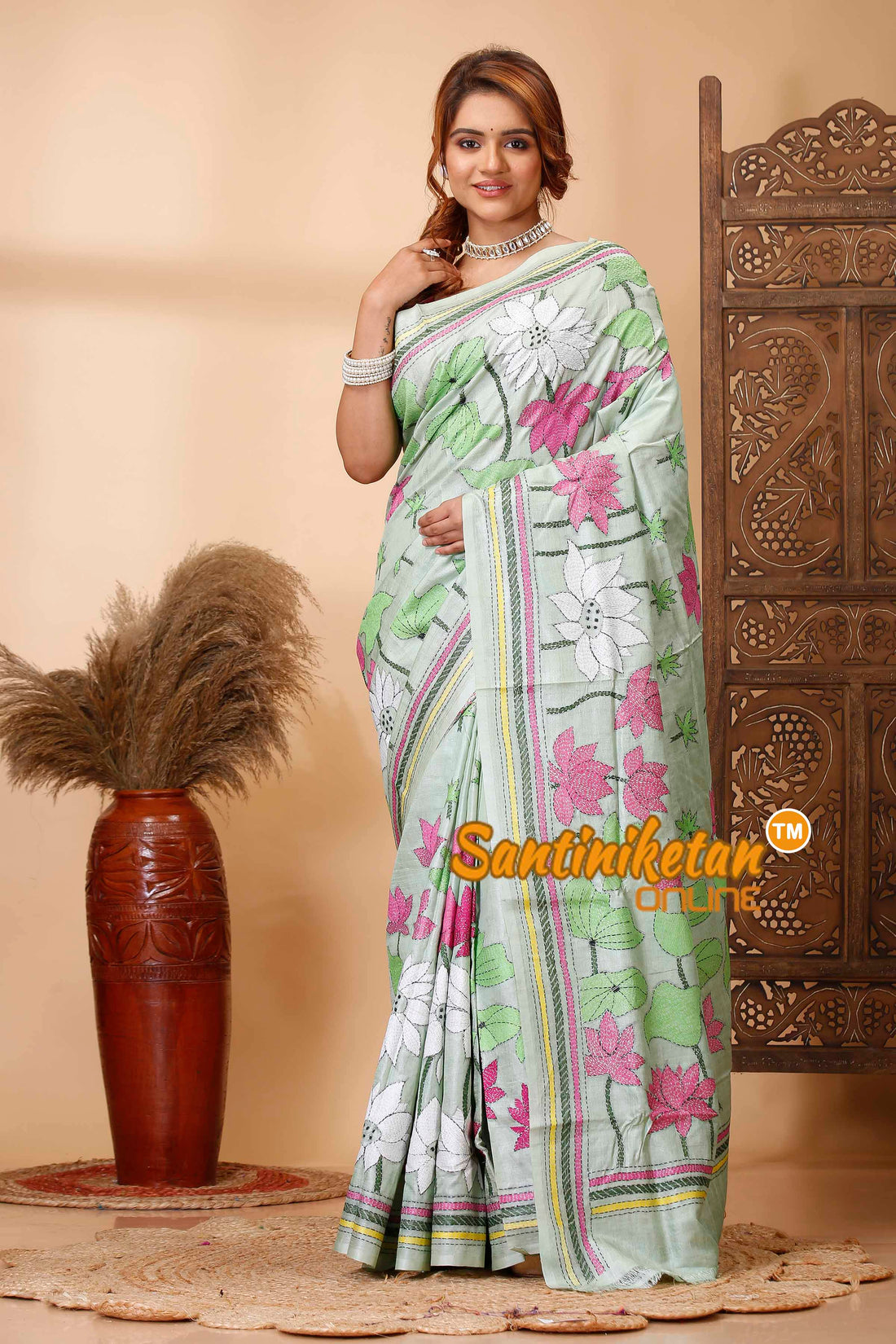 Pure Dye Tussar Silk Kantha Stitch Saree SN202521673