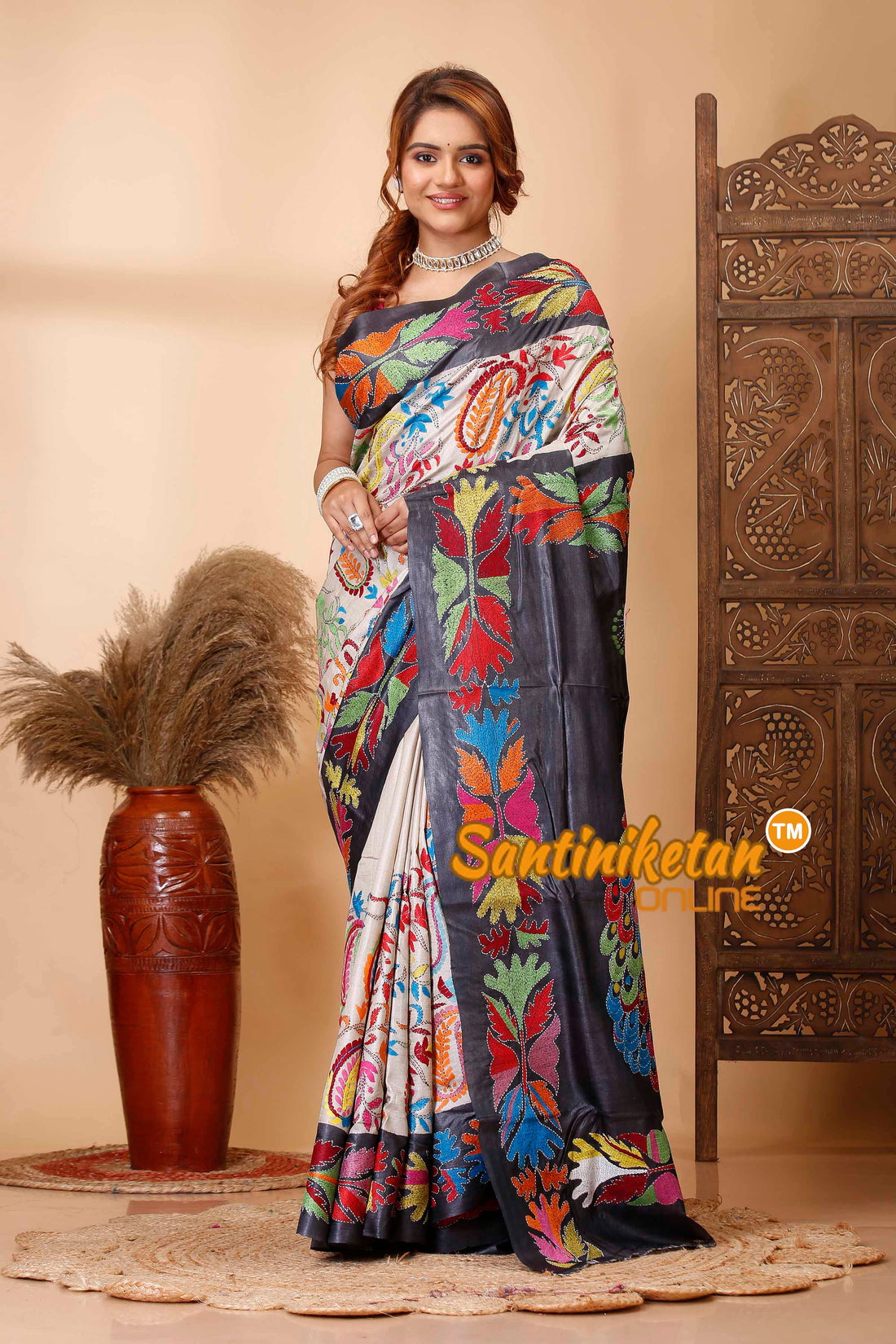 Pure Dye Tussar Silk Kantha Stitch Saree SN202521685