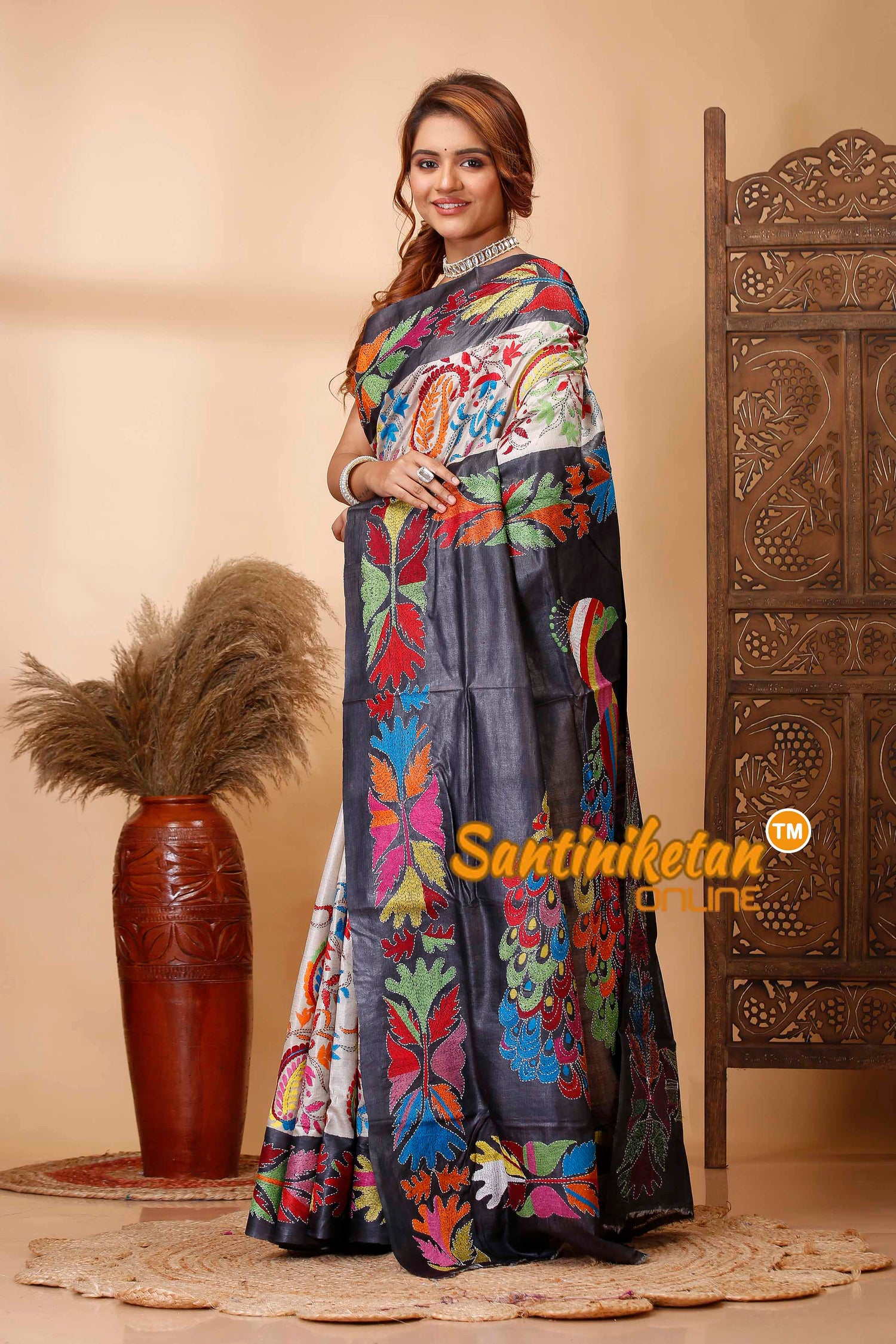 Pure Dye Tussar Silk Kantha Stitch Saree SN202521685