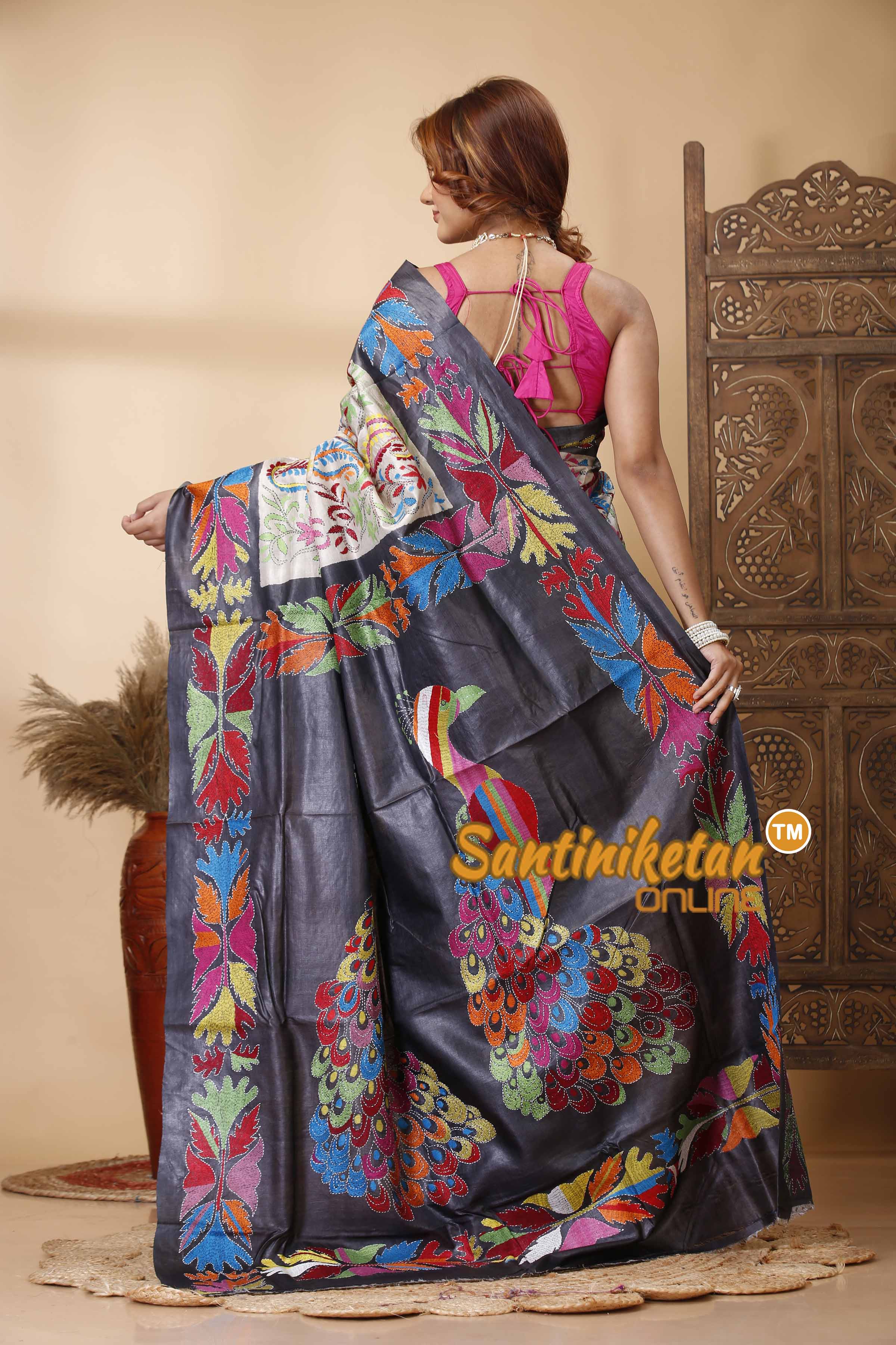 Pure Dye Tussar Silk Kantha Stitch Saree SN202521685