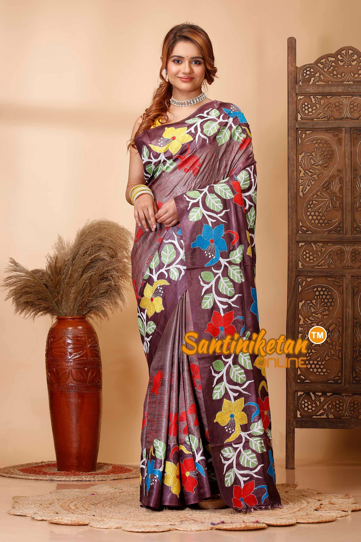 Dye Pure Gachi Tussar Silk Kantha Stitch Saree SN202521697